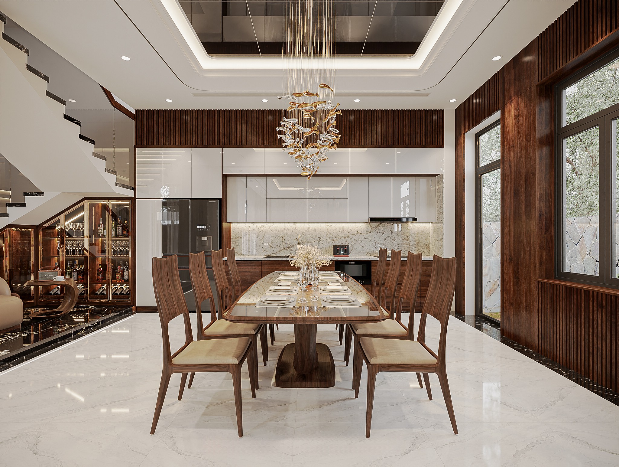 Phòng bếp hiện đại chuẩn phong thủy với bàn ăn gỗ óc chó và tủ bếp chữ I