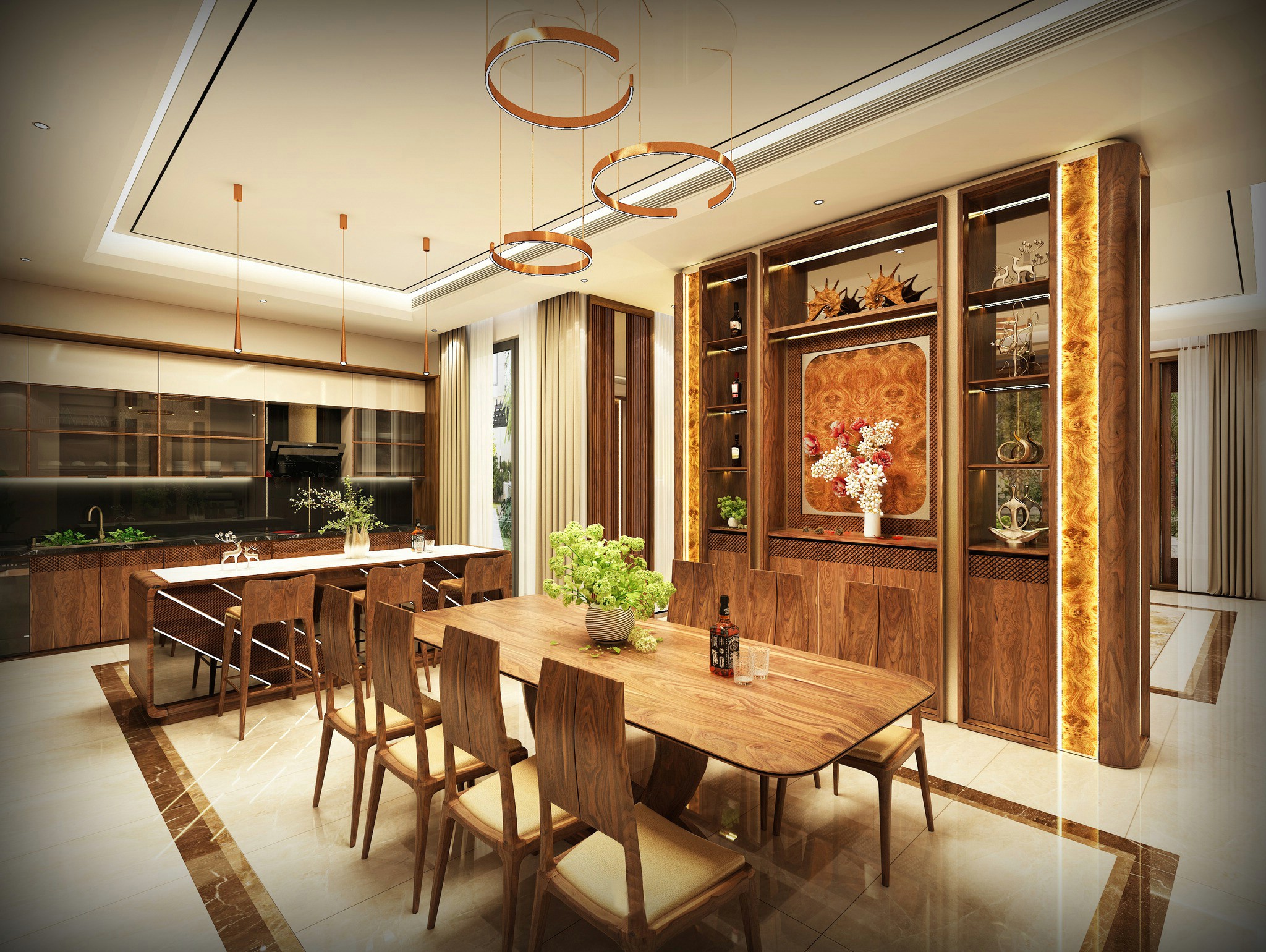 Phòng bếp hiện đại với tủ bếp kịch trần, bàn ăn gỗ sồi và ốp veneer nu