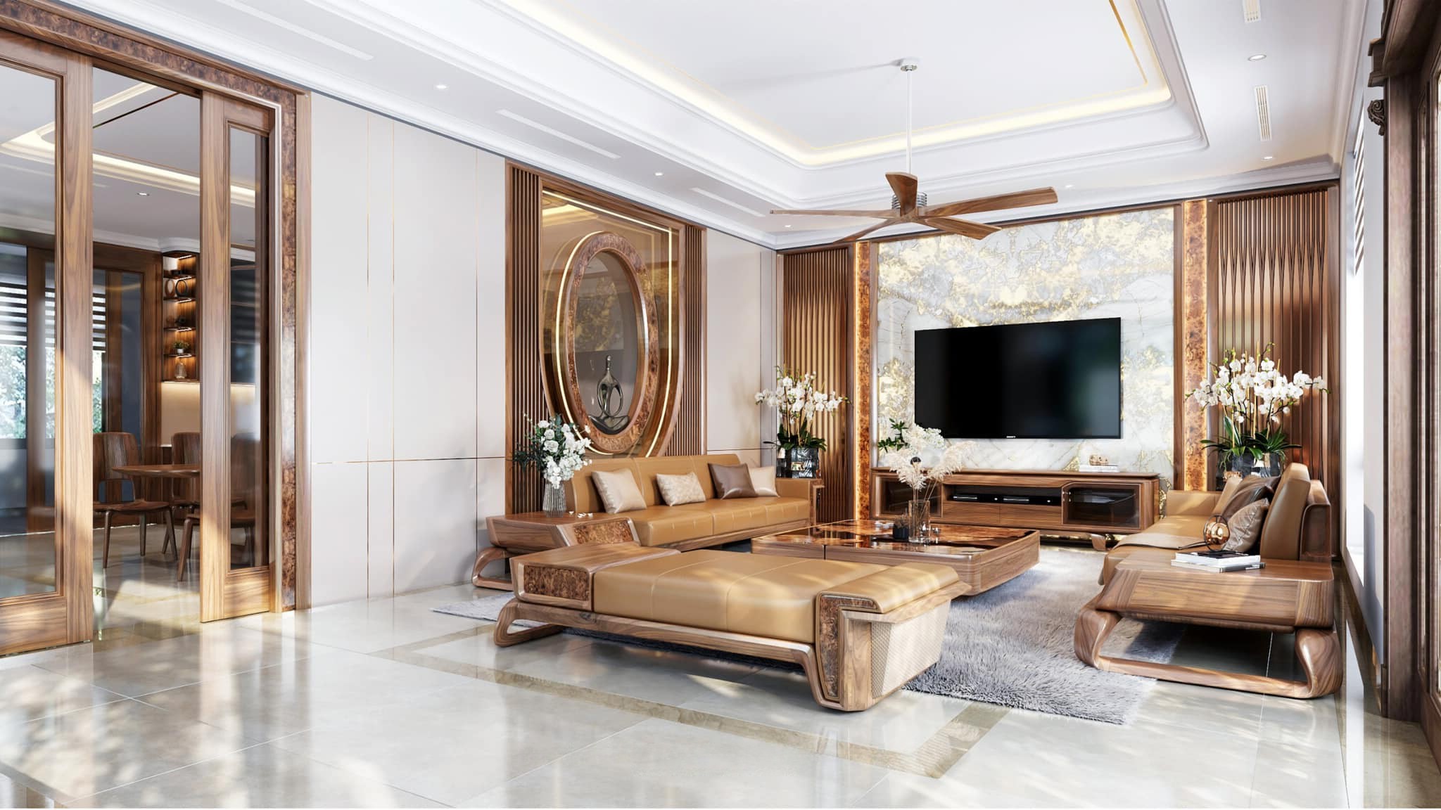 Phòng khách gỗ óc chó đẹp với thiết kế sang trọng, bố trí chữ U cân đối