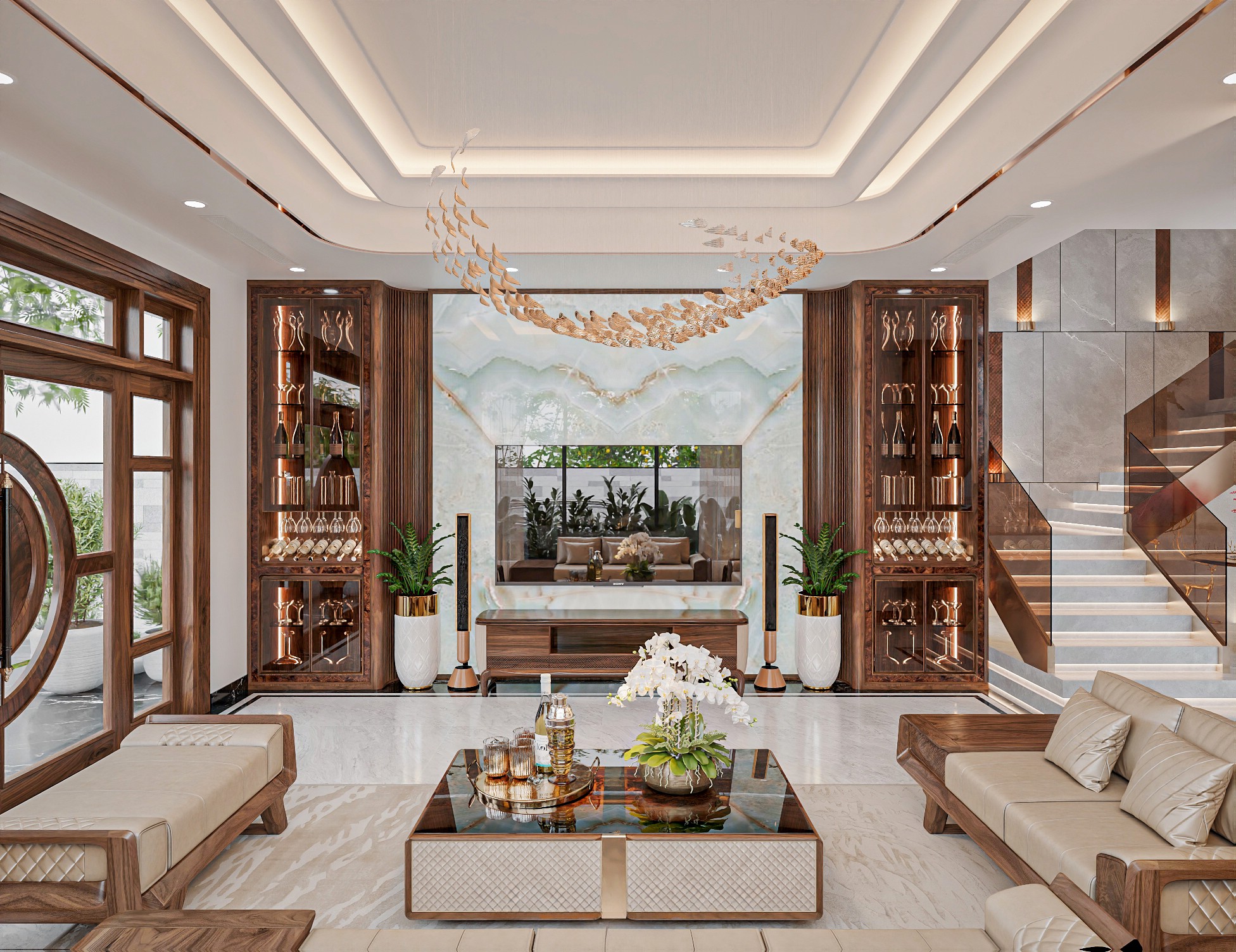 Phòng khách kệ tivi kết hợp tủ rượu gỗ tự nhiên hiện đại sang trọng