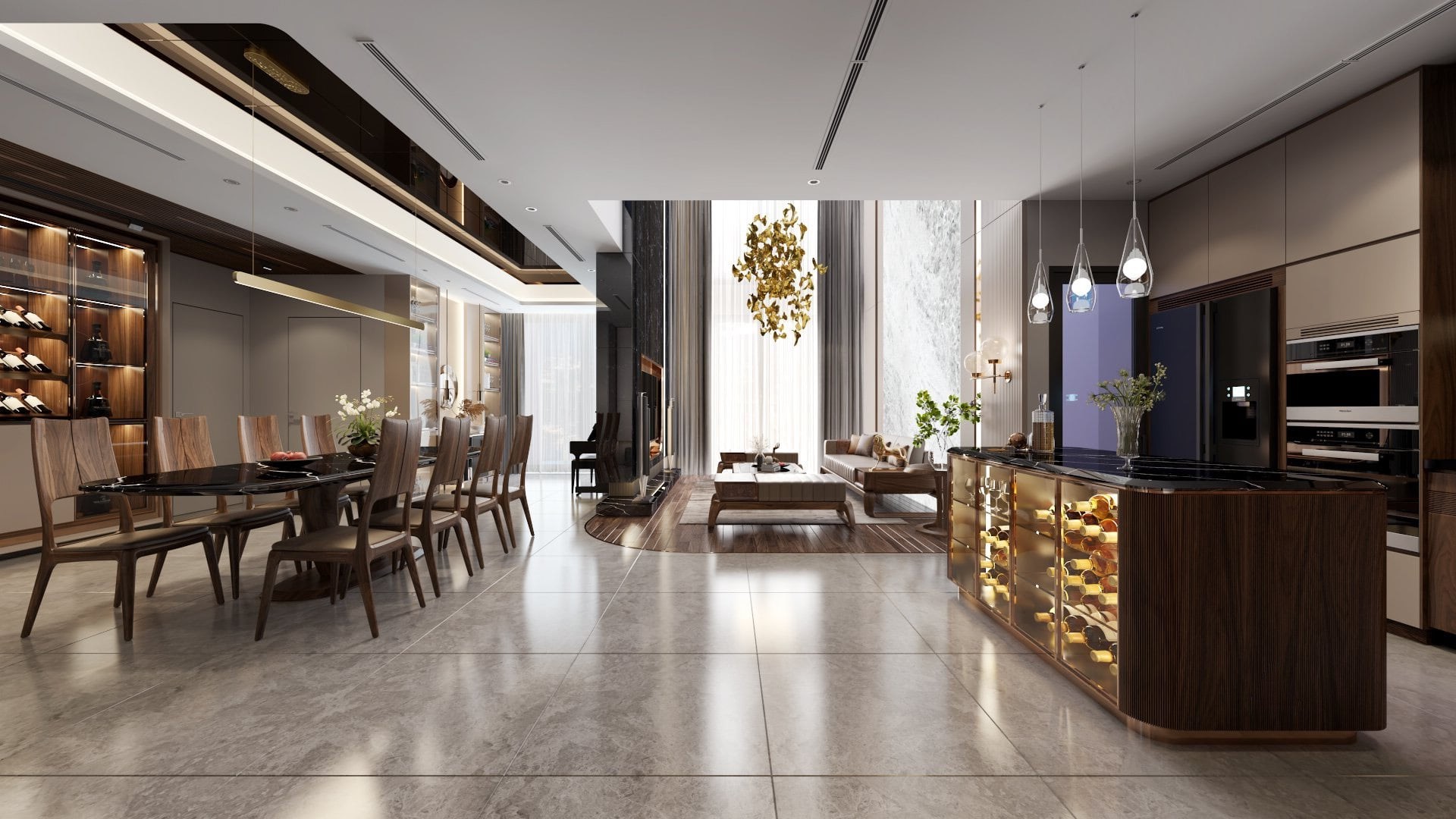 Phòng khách và bếp thông nhau với bàn ăn oval, bàn đảo kiêm tủ rượu và tủ bếp acrylic trắng