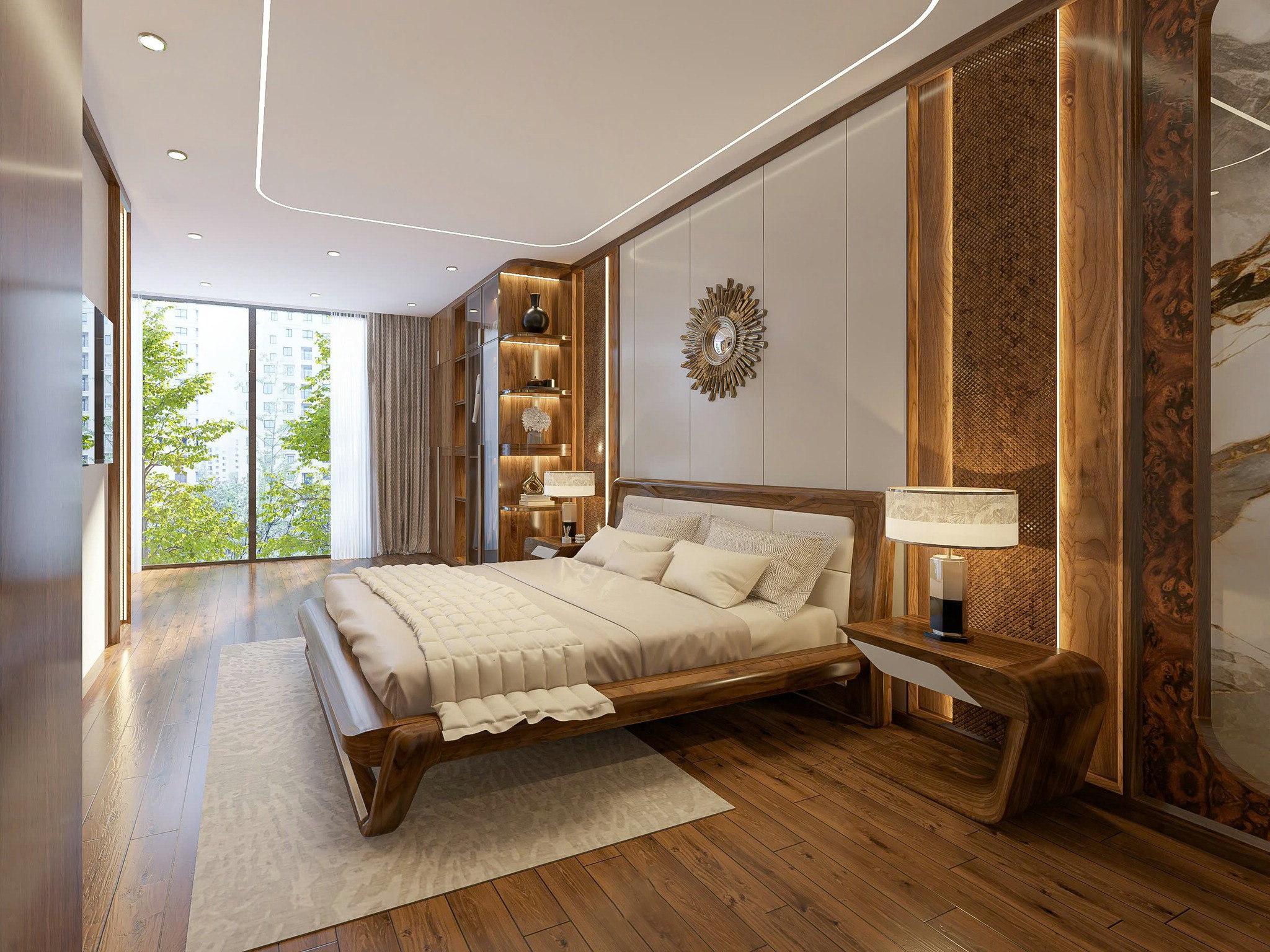 Phòng ngủ gỗ óc chó đẹp và ấm áp cho biệt thự