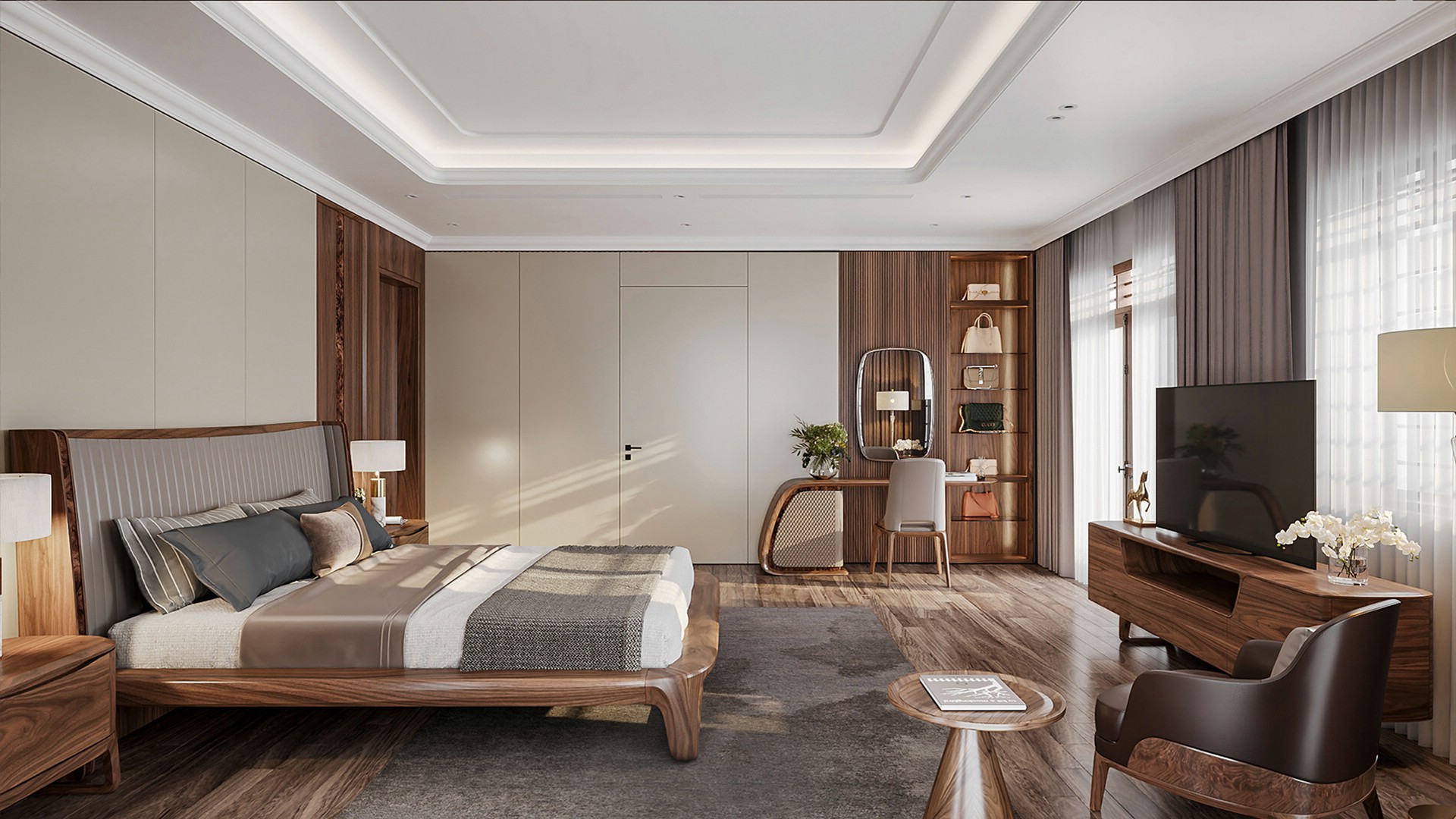 Phòng ngủ óc chó sang trọng với đầy đủ nội thất