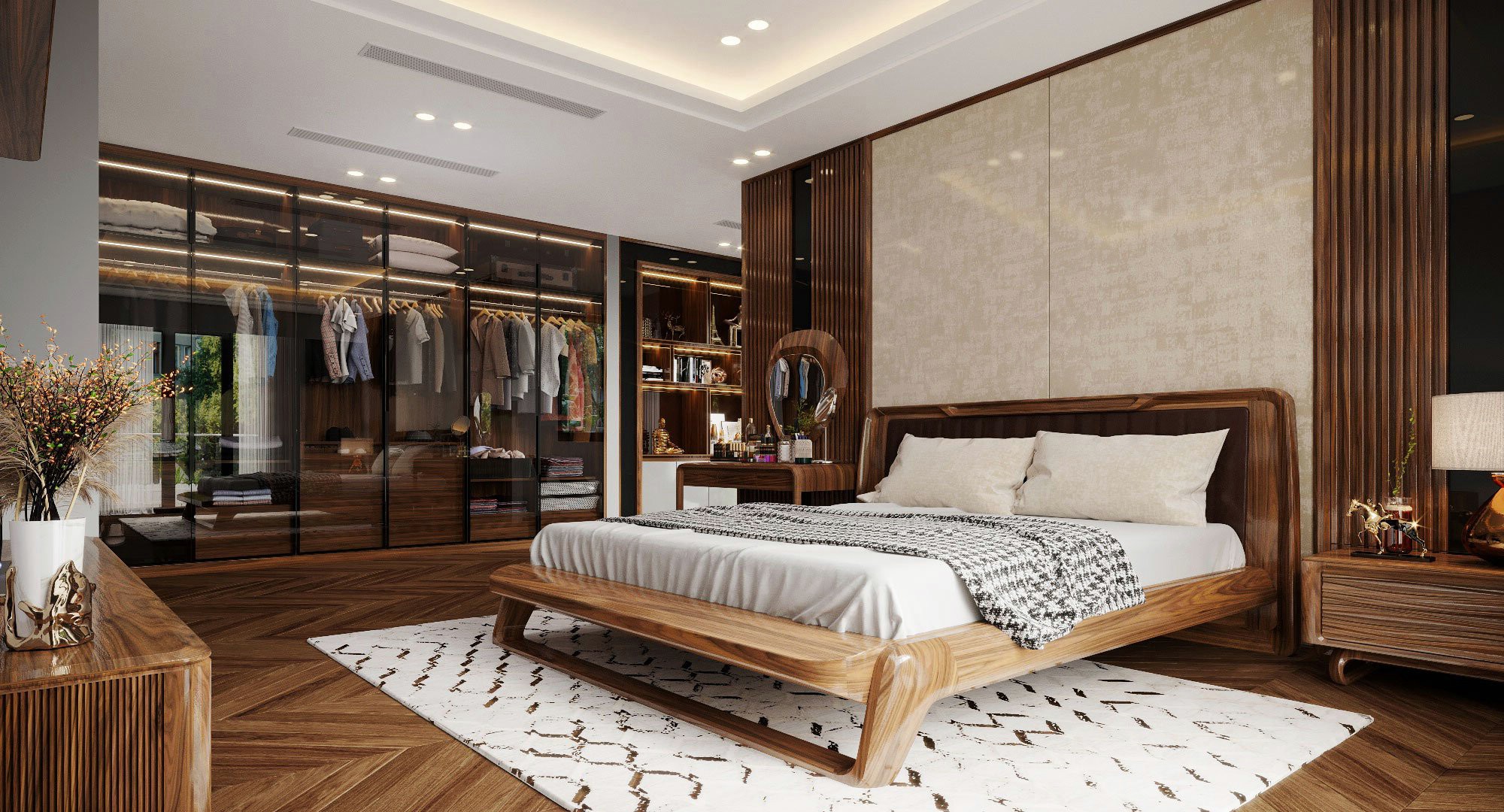 Thiết kế phòng ngủ Luxury với giường gỗ phủ bóng, tủ kính 6 cánh và sàn xương cá nâu trầm