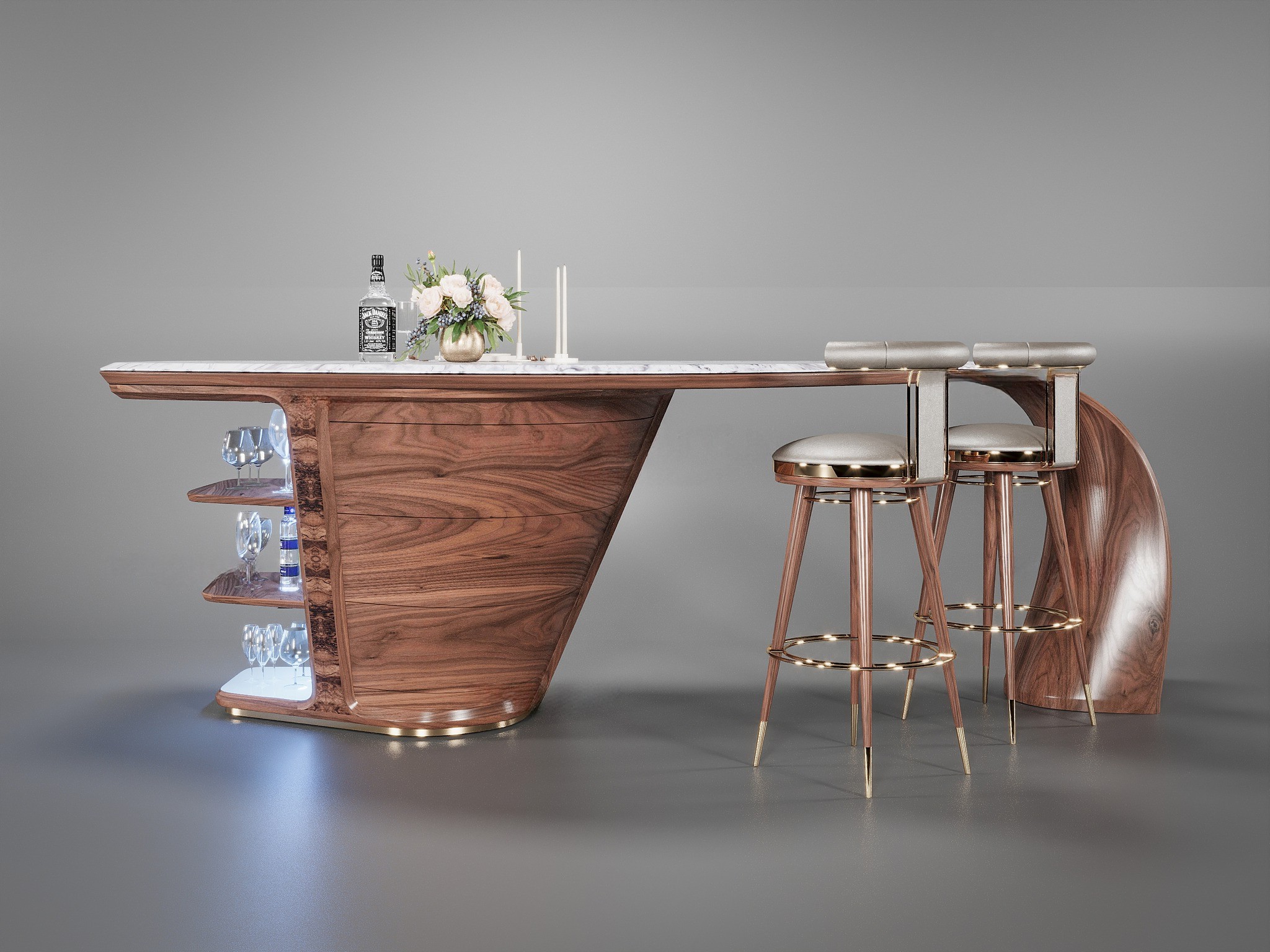 quầy bar bếp bằng gỗ sồi tự nhiên màu nâu trầm mặt đá trắng vân đen