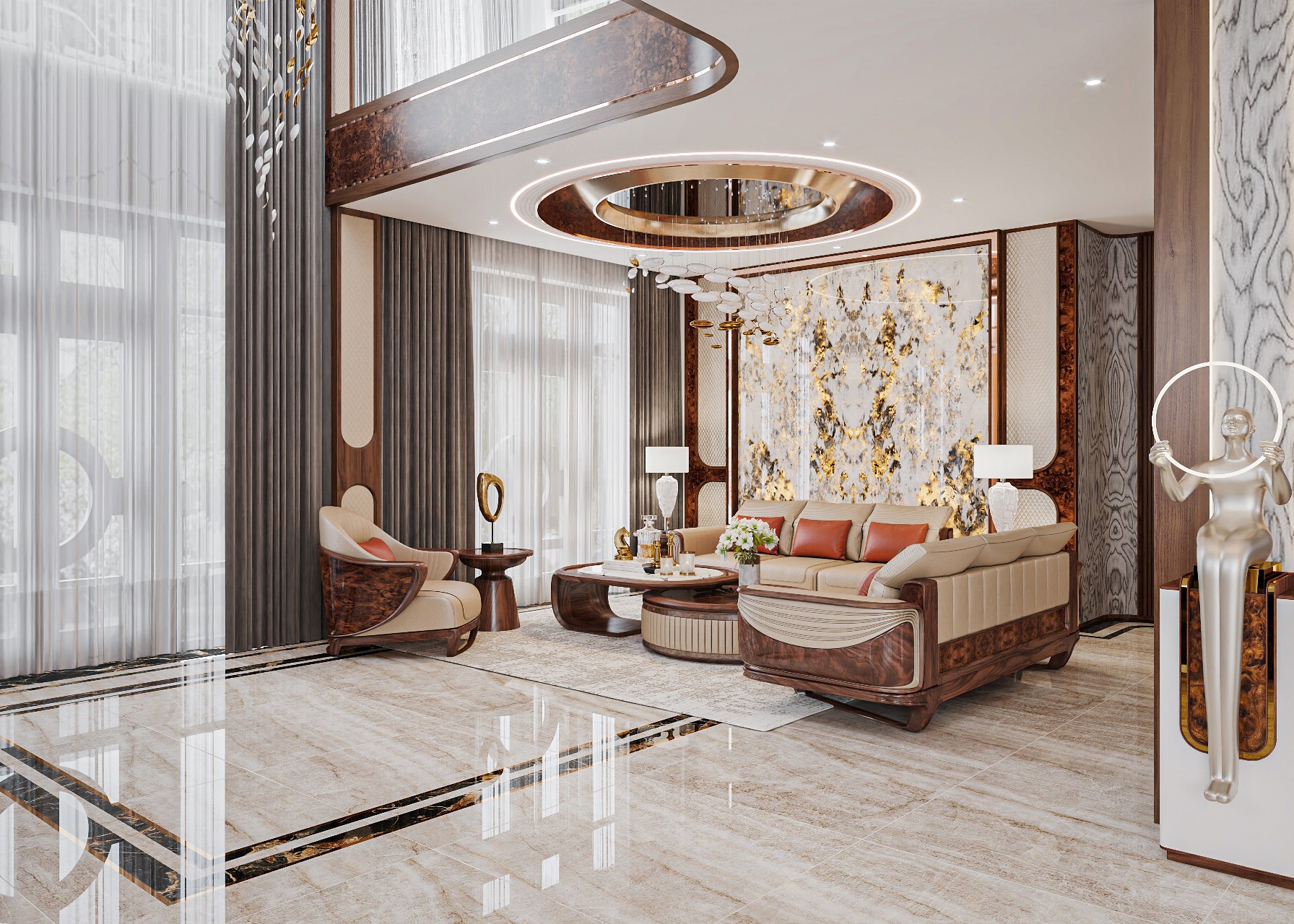 Sofa gỗ da hiện đại gỗ óc chó da be