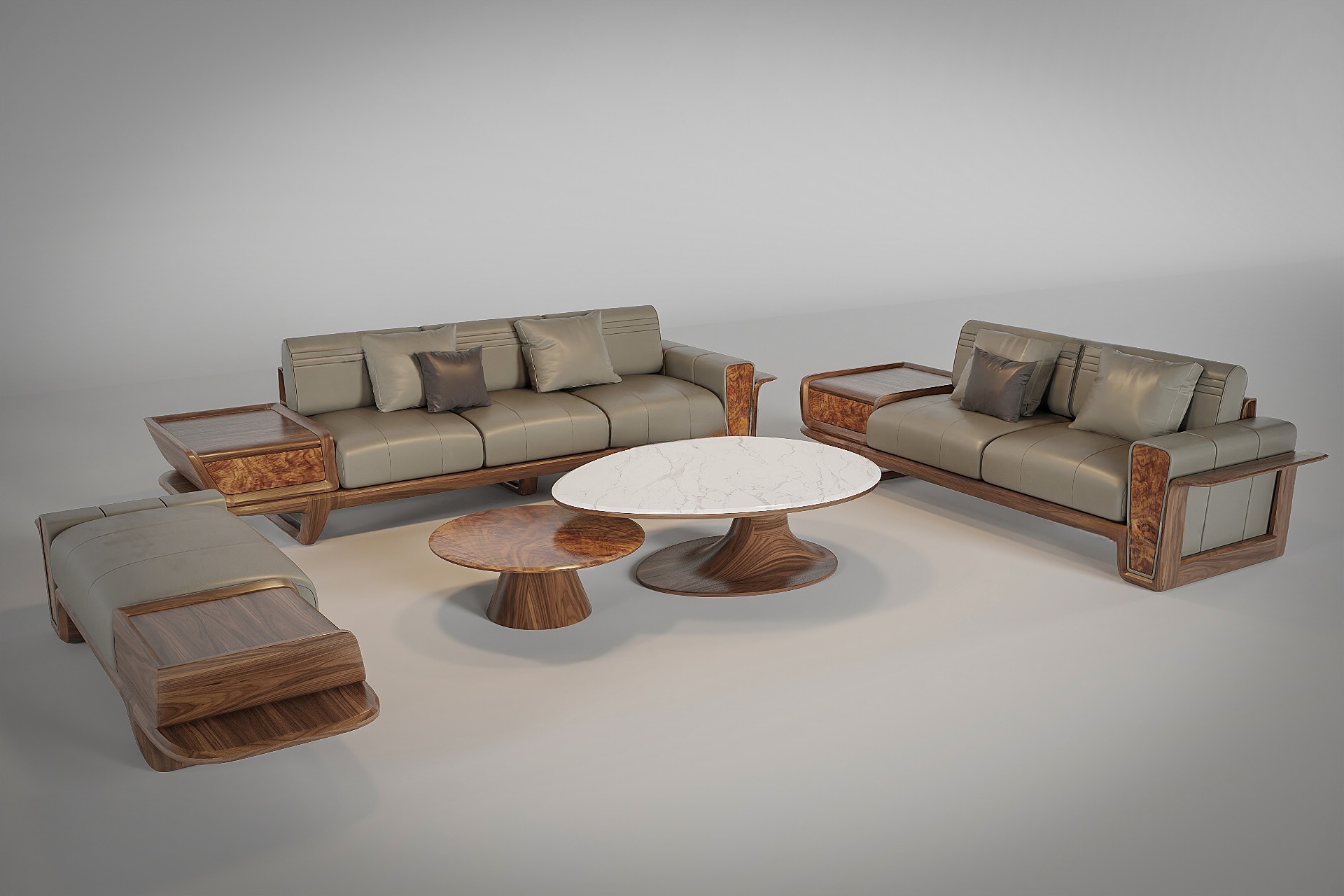 Sofa gỗ đẹp hiện đại bằng gỗ óc chó hoặc gỗ sồi với đệm da ghi đá và bàn trà 2 tầng