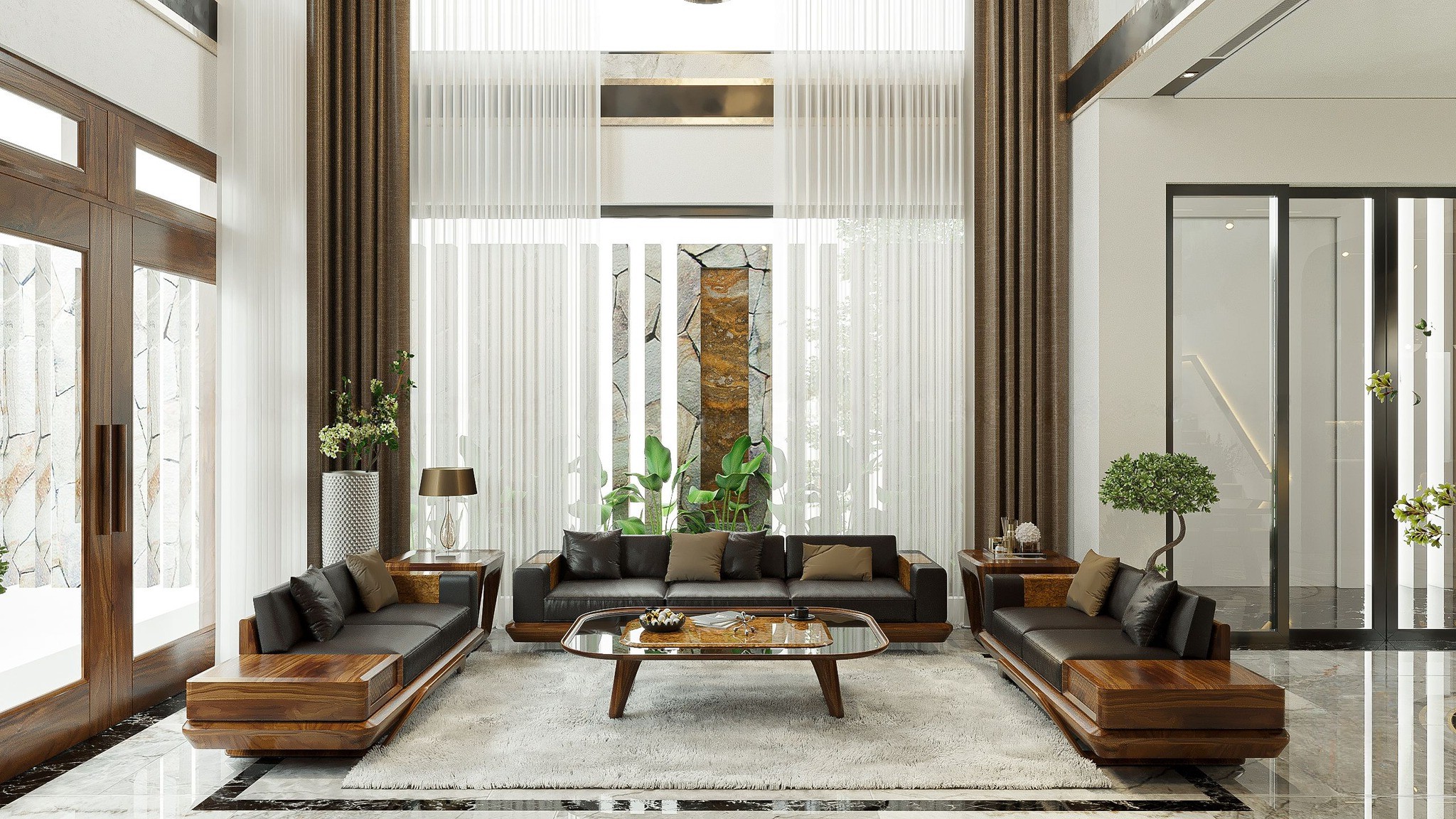 Sofa gỗ đơn giản với đệm da đen, khung gỗ óc chó và bàn trà mặt kính