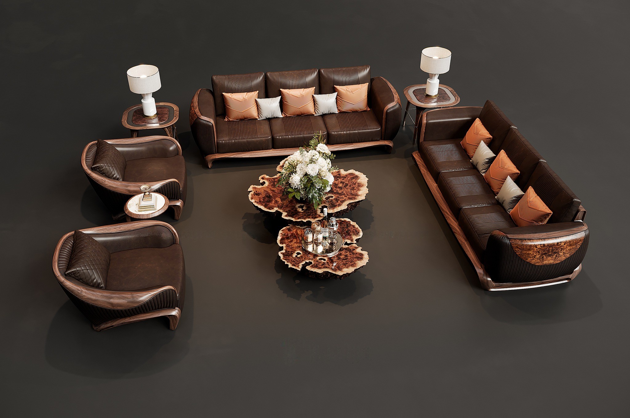 Sofa gỗ phòng khách đẹp hiện đại với sofa văng chữ L và ghế đơn uốn cong từ gỗ óc chó