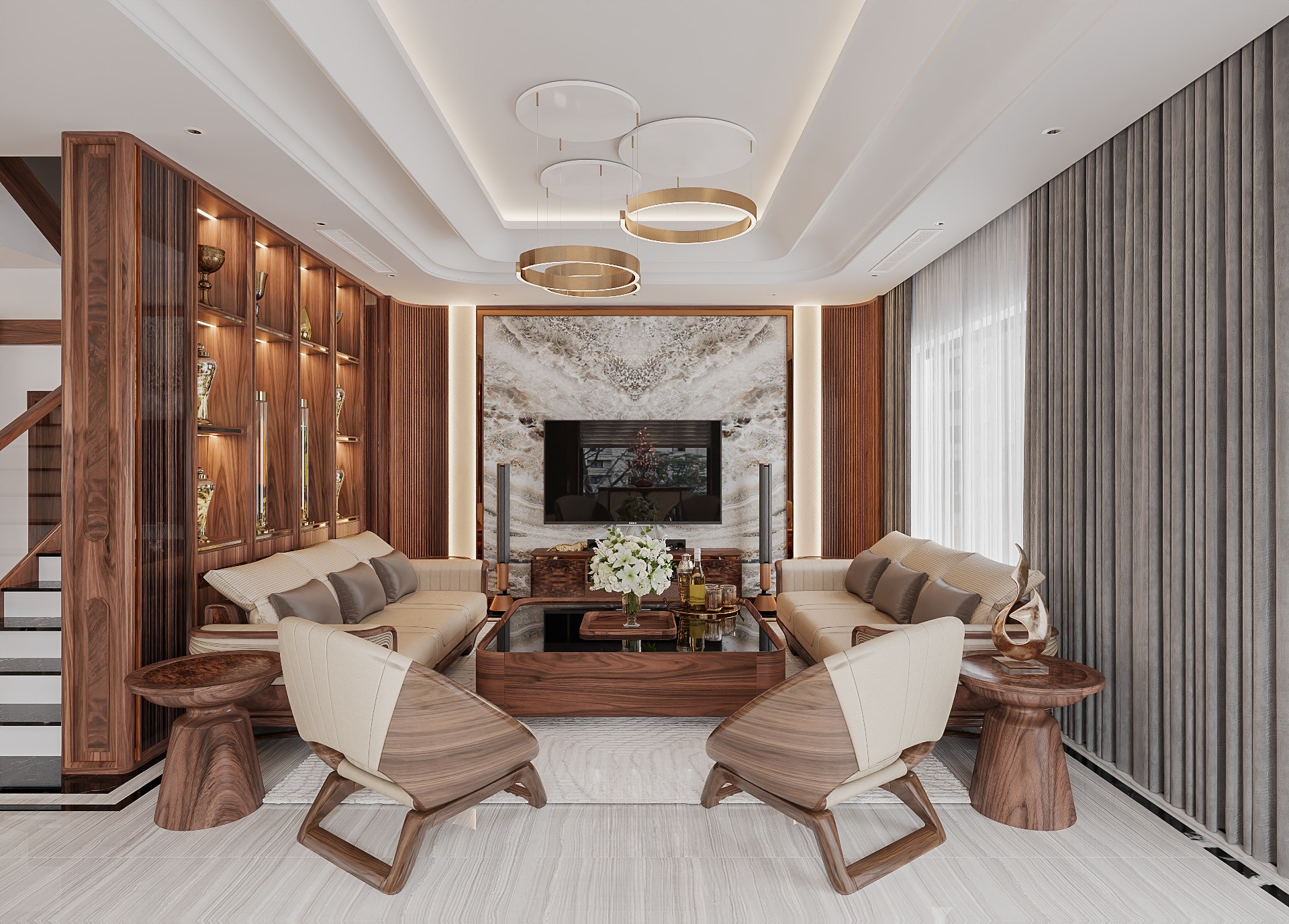 Sofa gỗ tự nhiên cao cấp với bàn trà mặt đá đen