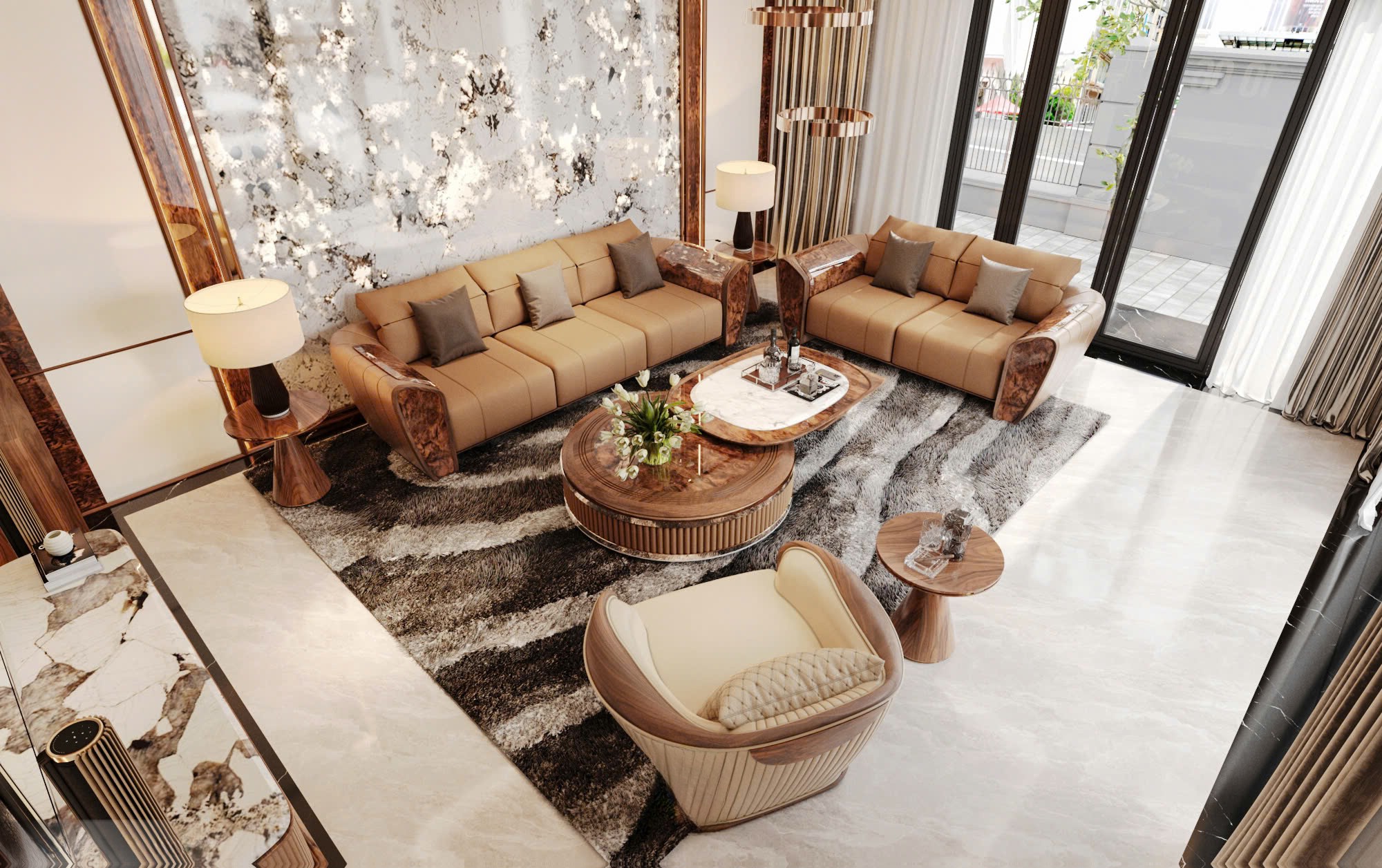 Sofa gỗ veneer hương đá kết hợp da màu vàng nâu và bàn trà 2 tầng