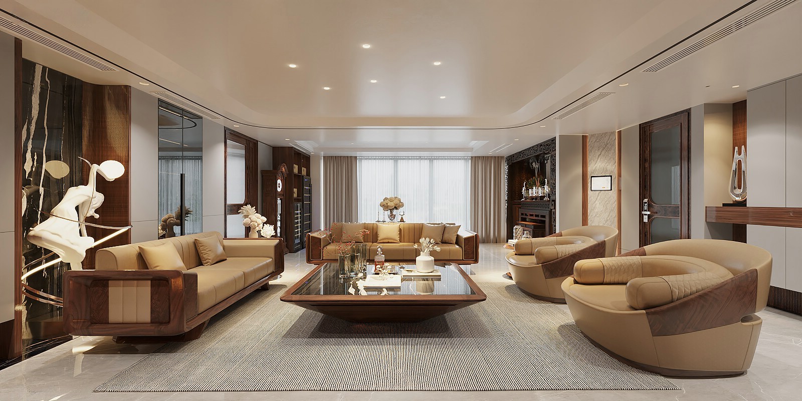 Sofa óc chó nhập khẩu với da bò Ý trắng đục và gỗ Óc Chó cao cấp