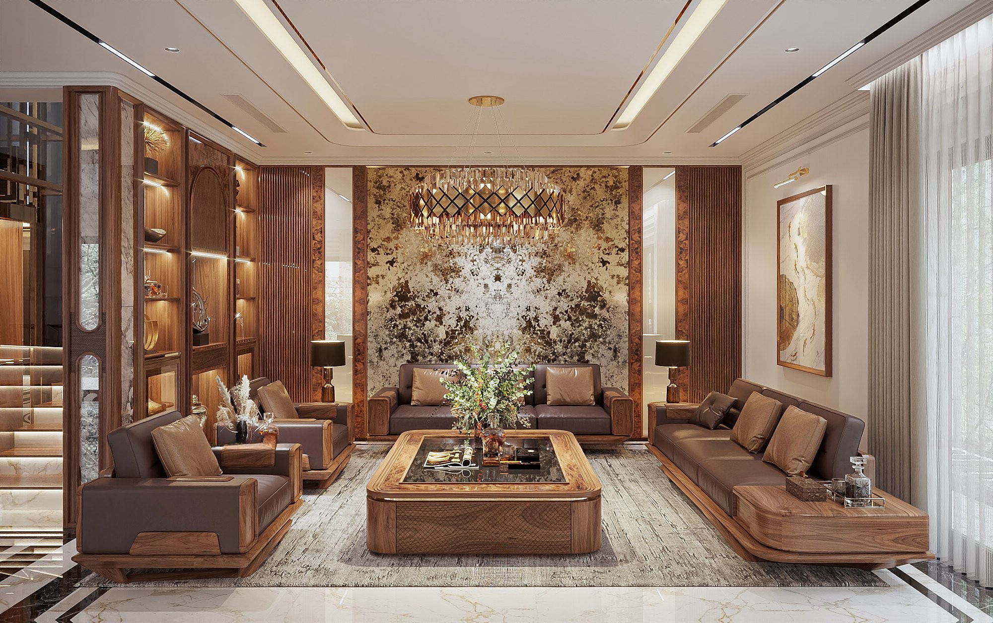 Sofa phòng khách gỗ óc chó chữ U, da bò cao cấp, bàn trà kính đen