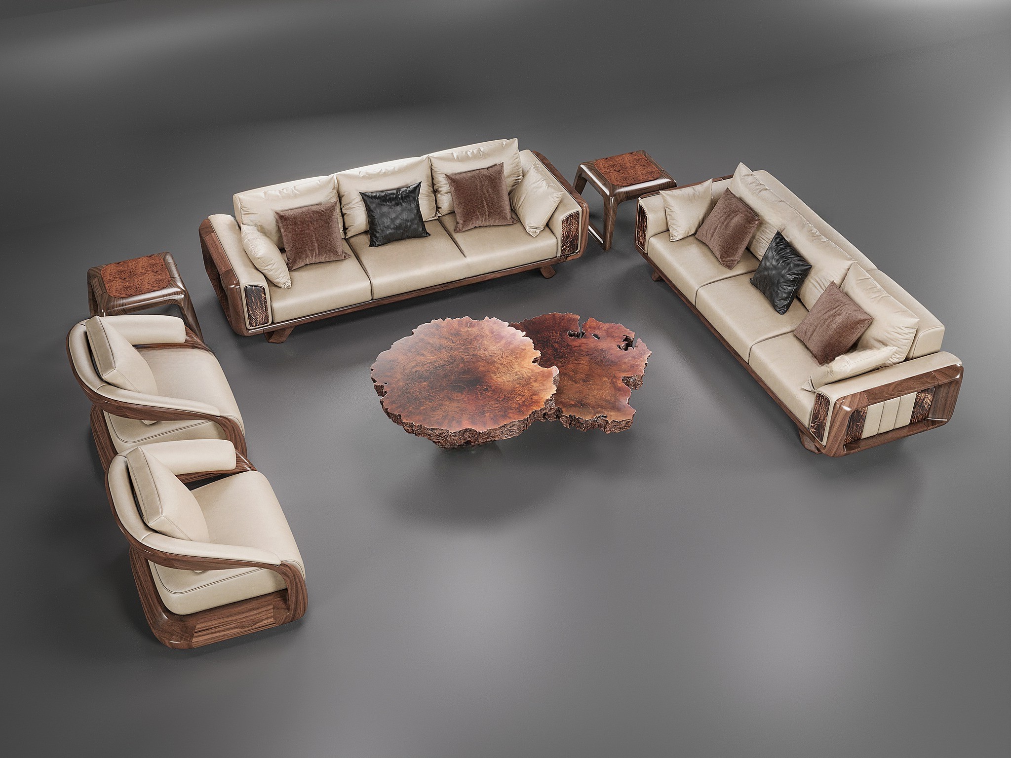 Bộ sopha óc chó cao cấp với bàn trà Nu Óc Chó nguyên vỏ và sofa chữ U