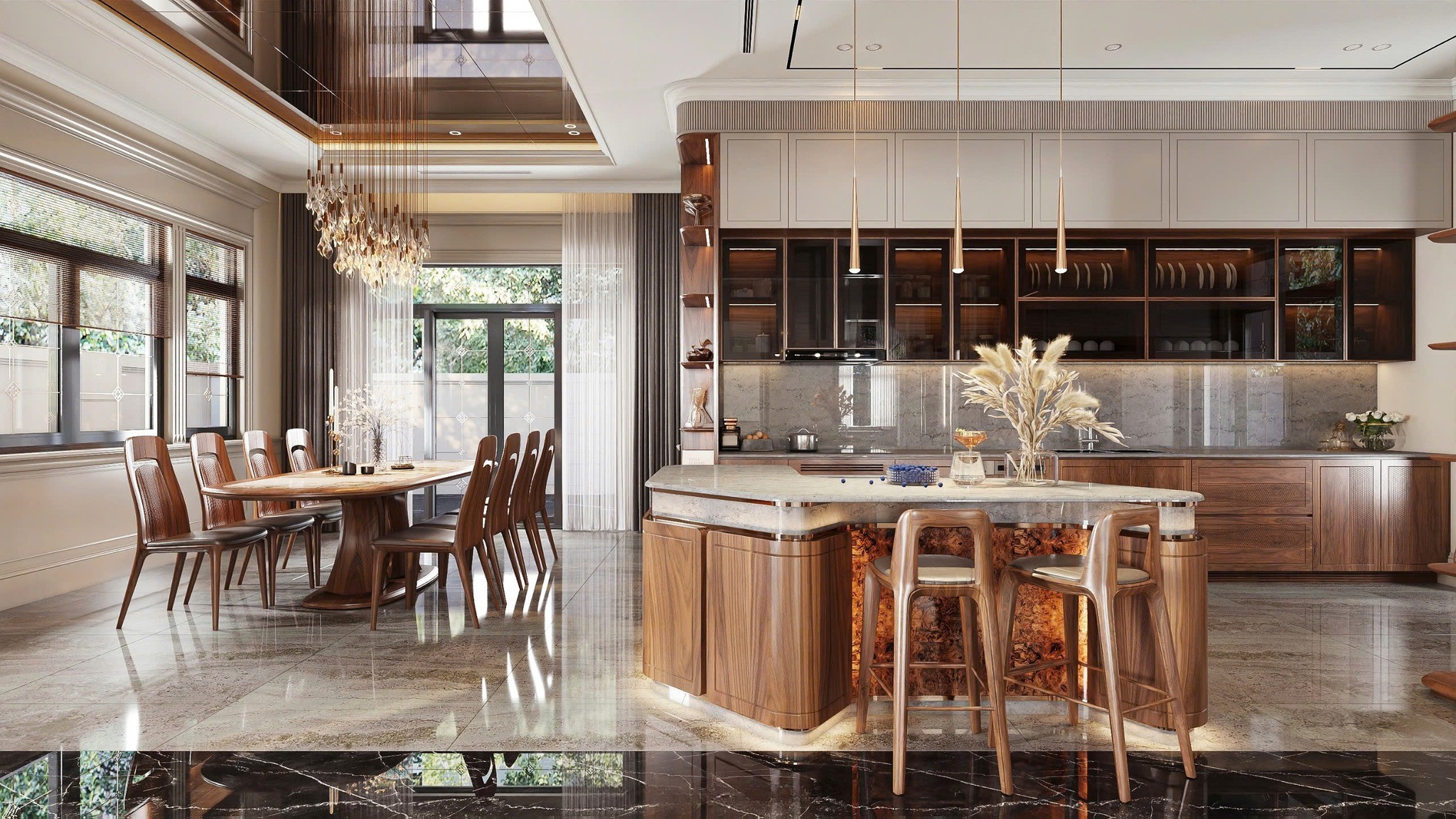 thi công biệt thự phòng bếp với tủ bếp chữ I veneer óc chó và đảo bếp marble