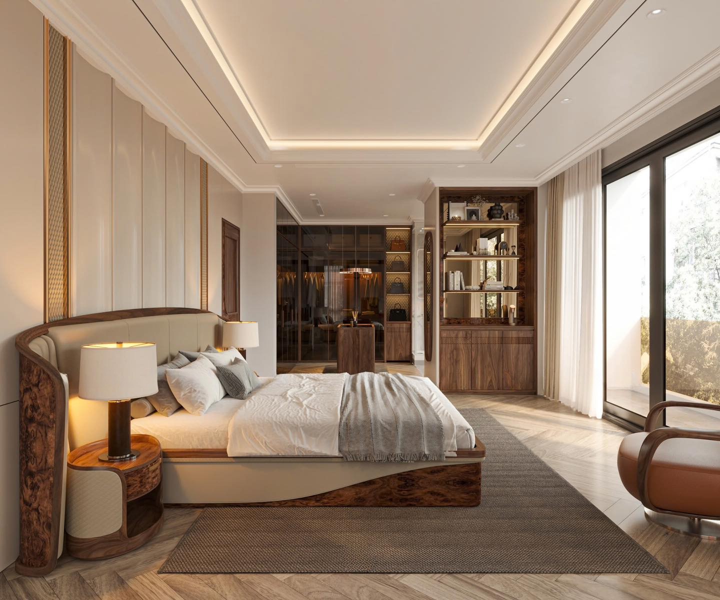 thi công nội thất biệt thự phòng ngủ với giường lớn veneer vân nu và tủ quần áo âm tường