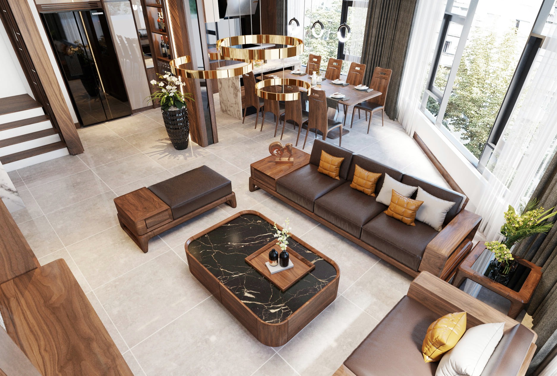 thi công nội thất chung cư phòng khách với sofa gỗ tự nhiên và bàn trà đá marble đen