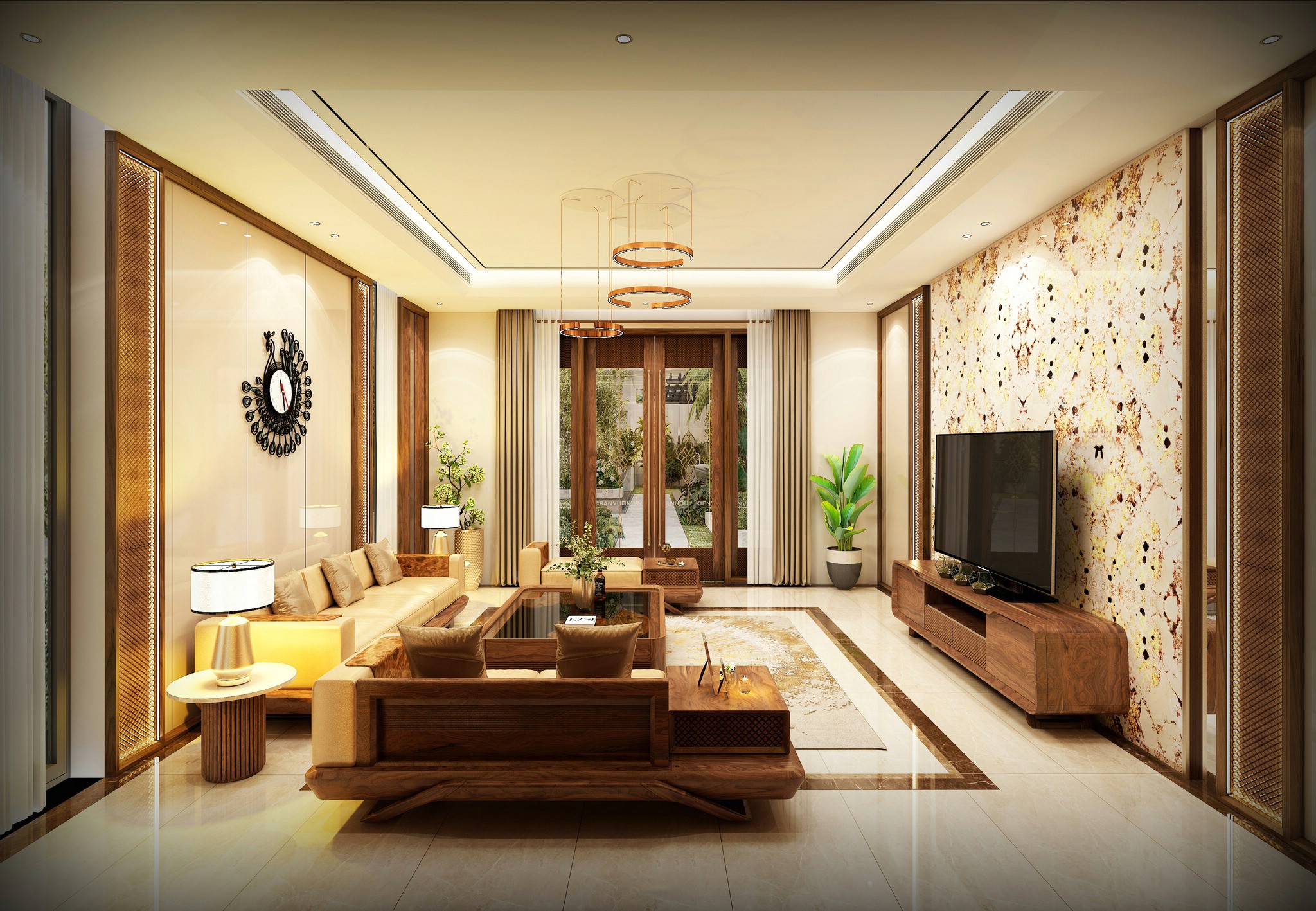 thi công nội thất nhà phố phòng khách trắng kem với sofa gỗ óc chó và kệ tivi bo tròn