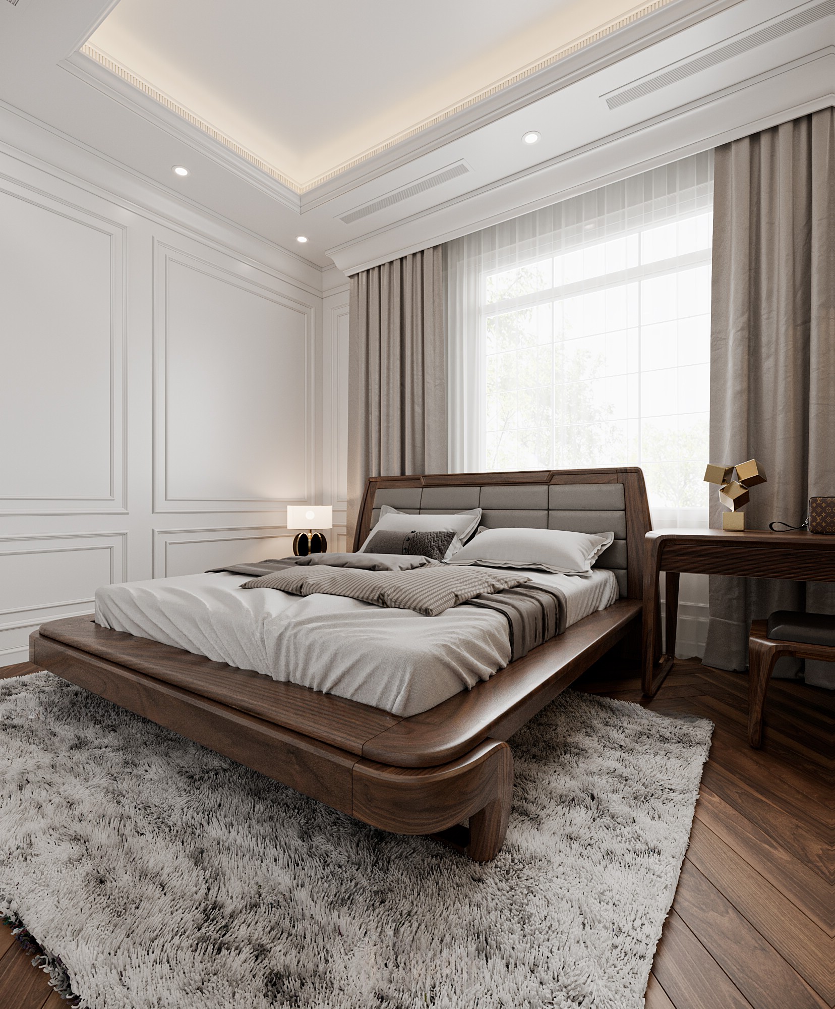 Thiết kế giường ngủ gỗ óc chó hiện đại với tựa đầu bọc da ghi đá