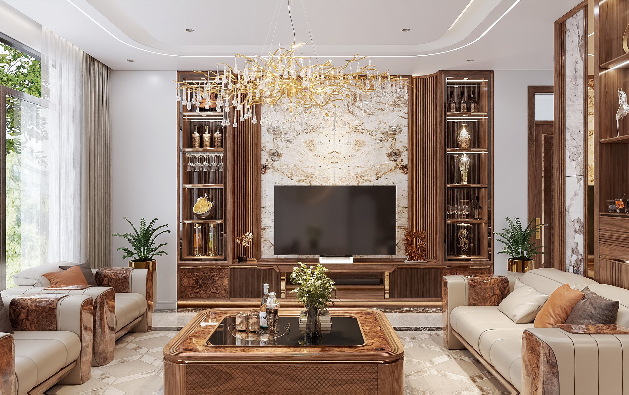 Thiết kế kệ tivi phòng khách gỗ óc chó 1m8 với tủ rượu 5 tầng và viền mạ vàng đồng