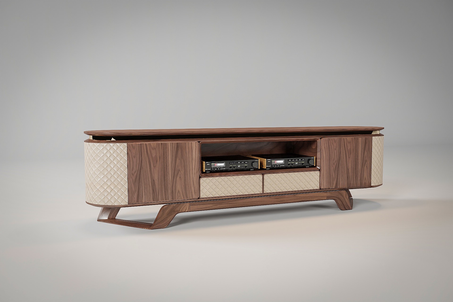 Thiết kế kệ tivi gỗ tự nhiên mặt oval ốp da sang trọng