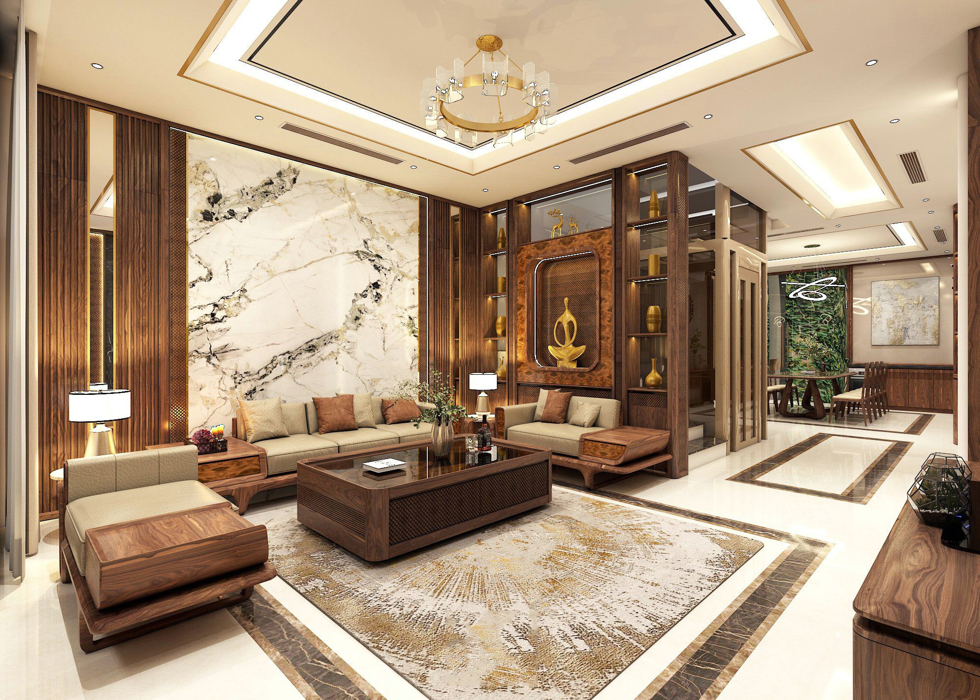 Thiết kế nội thất biệt thự phòng khách với bàn ghế gỗ, vách ngăn mây đan, thảm màu be