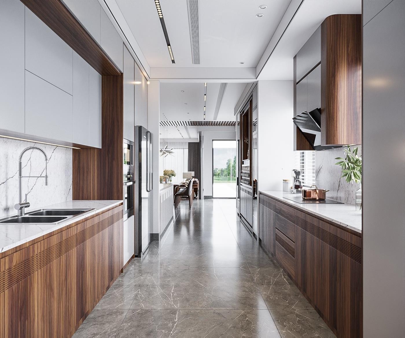 thiết kế nội thất hiện đại với tủ bếp kịch trần bố trí song song veneer óc chó và Acrylic trắng