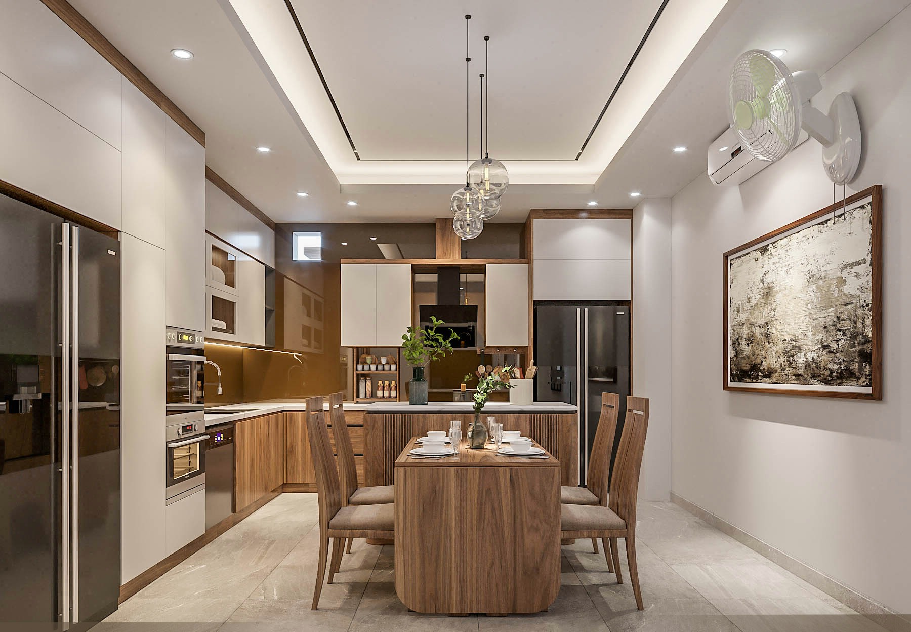 thiết kế nội thất nhà phố đẹp phòng bếp tông nâu trắng với tủ bếp chữ L veneer óc chó