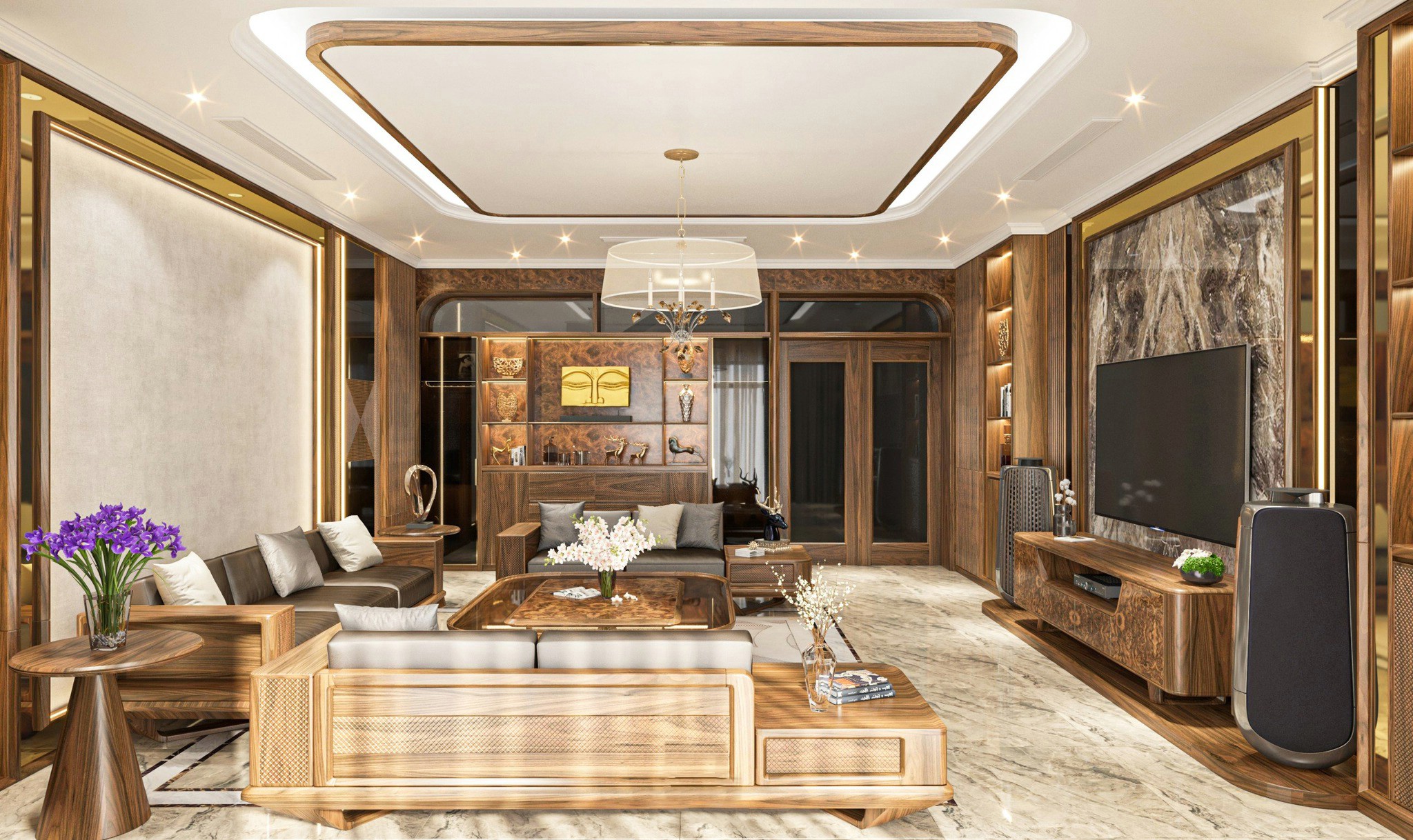 Thiết kế nội thất nhà phố với sofa gỗ óc chó, kệ tivi veneer nu hương đá và sàn marble kem