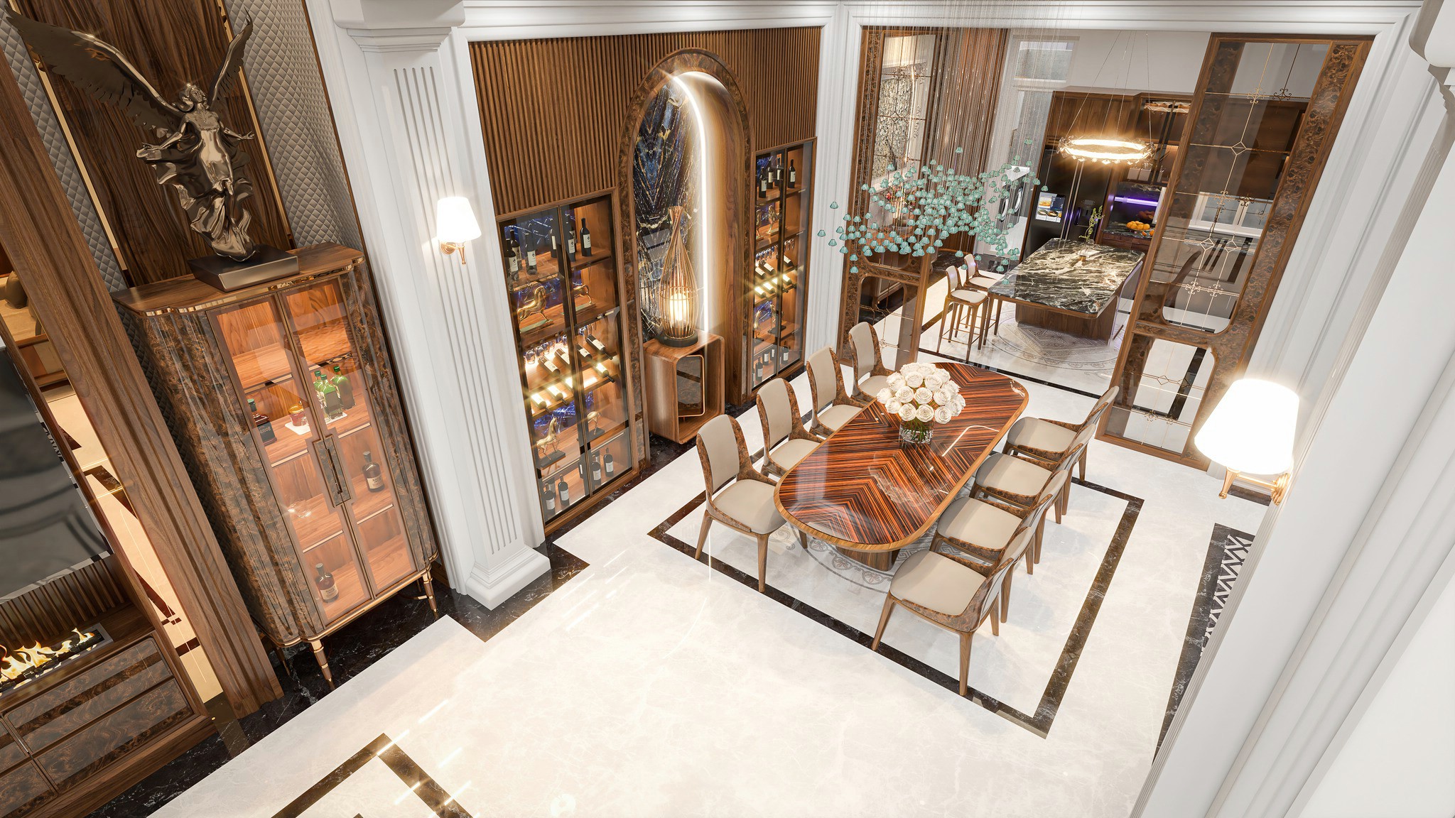 Thiết kế nội thất phòng bếp hiện đại với bàn ăn bầu dục và tủ rượu âm tường