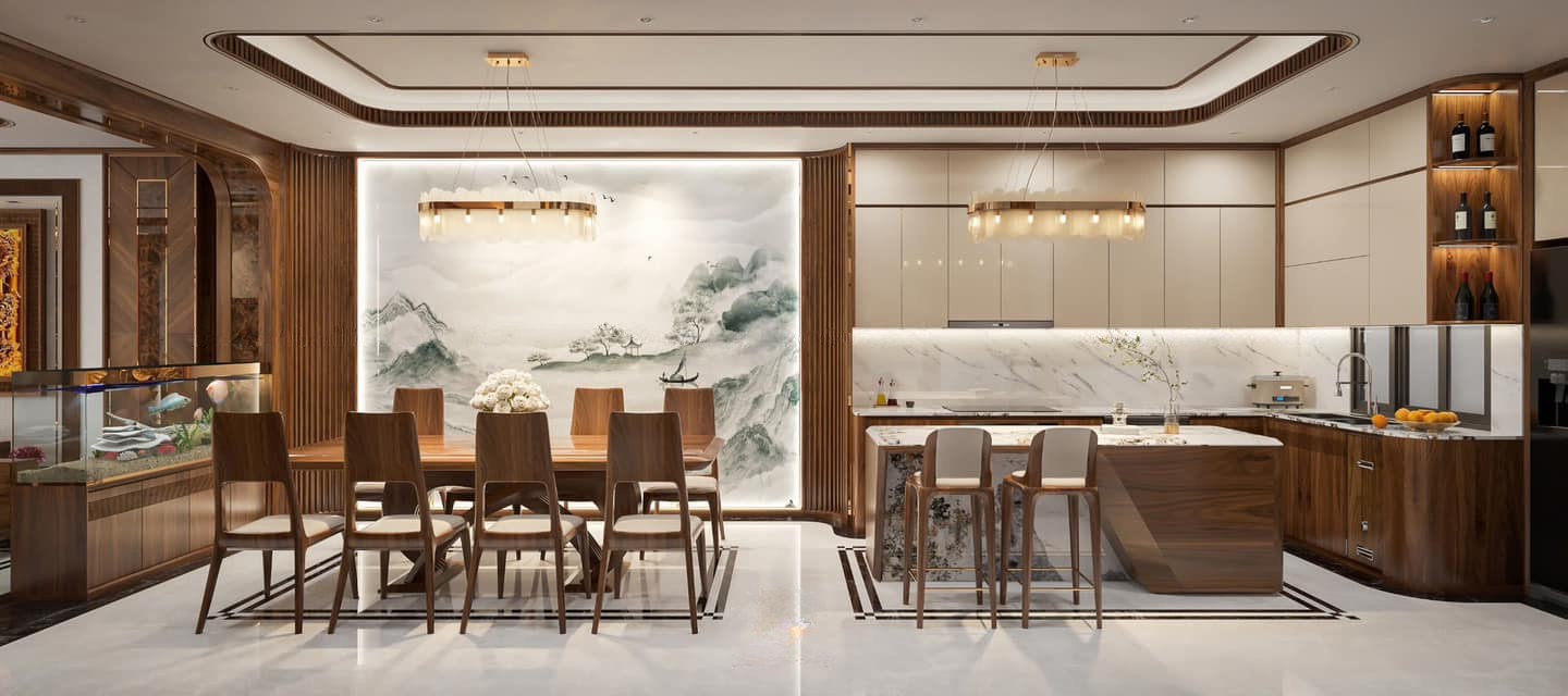 Thiết kế nội thất phòng bếp với tường sơn thủy, bàn ăn gỗ óc chó và tủ bếp chữ L đá marble trắng vân vàng xám