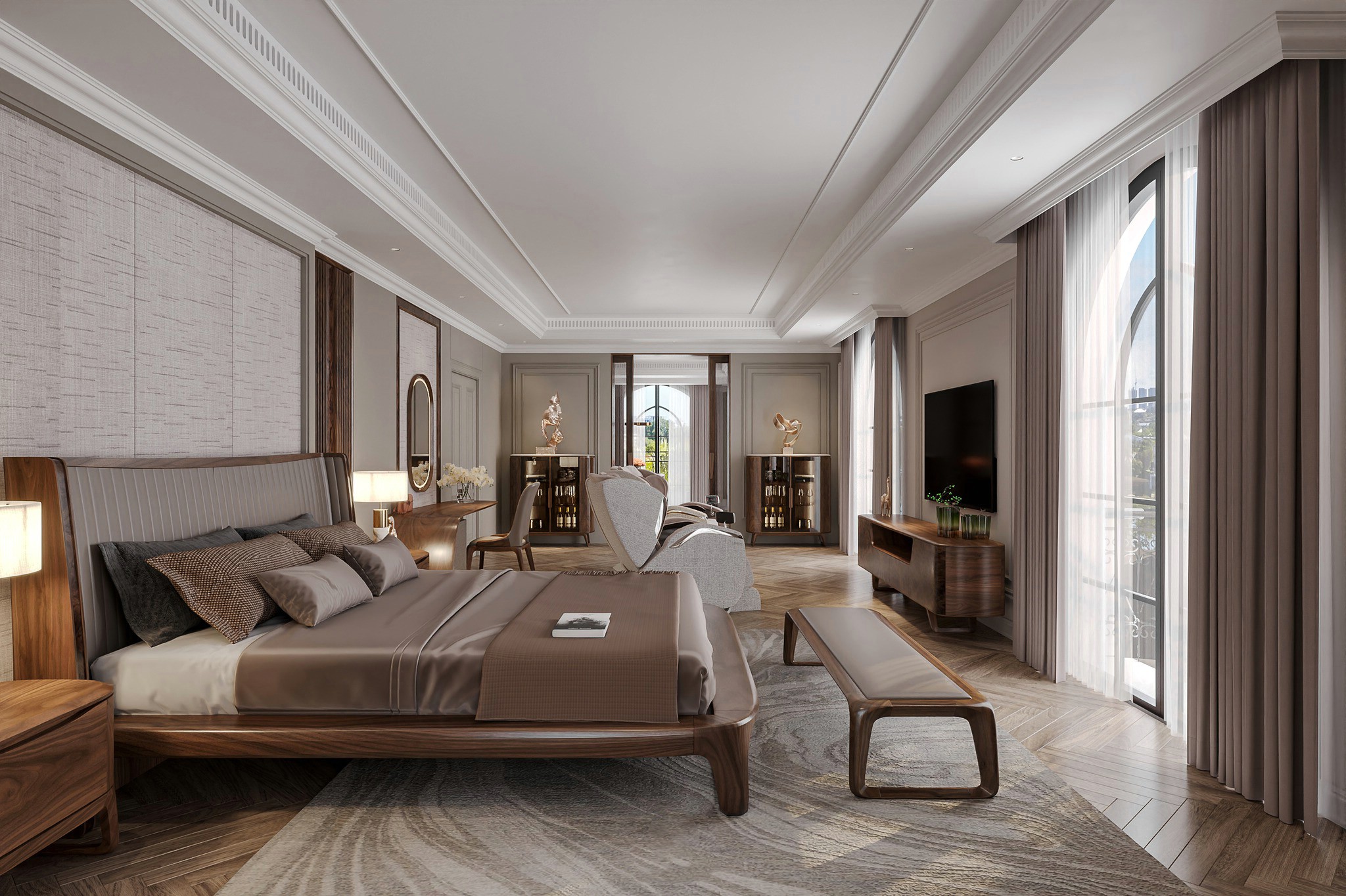 Nội thất phòng ngủ gỗ óc chó sang trọng hiện đại