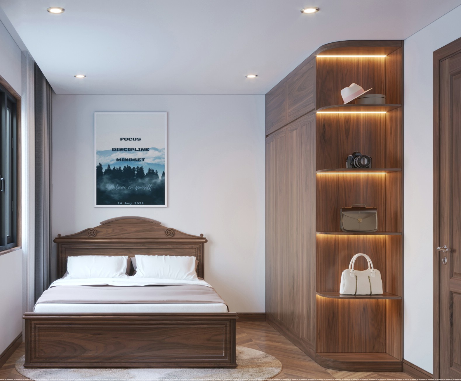 Thiết kế nội thất phòng ngủ nhỏ với giường gỗ óc chó, tủ quần áo MDF vân gỗ kịch trần và sàn giả gỗ xương cá