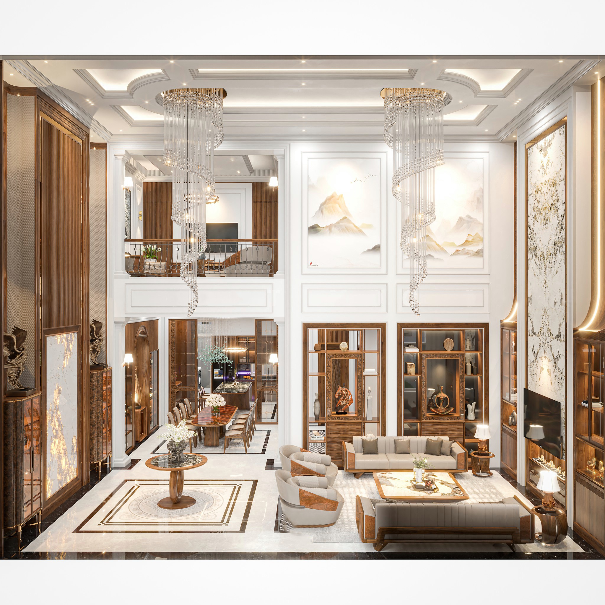 Thiết kế nội thất cao cấp trần cao 2 tầng, phối đá marble bóng gương và đèn xoắn pha lê