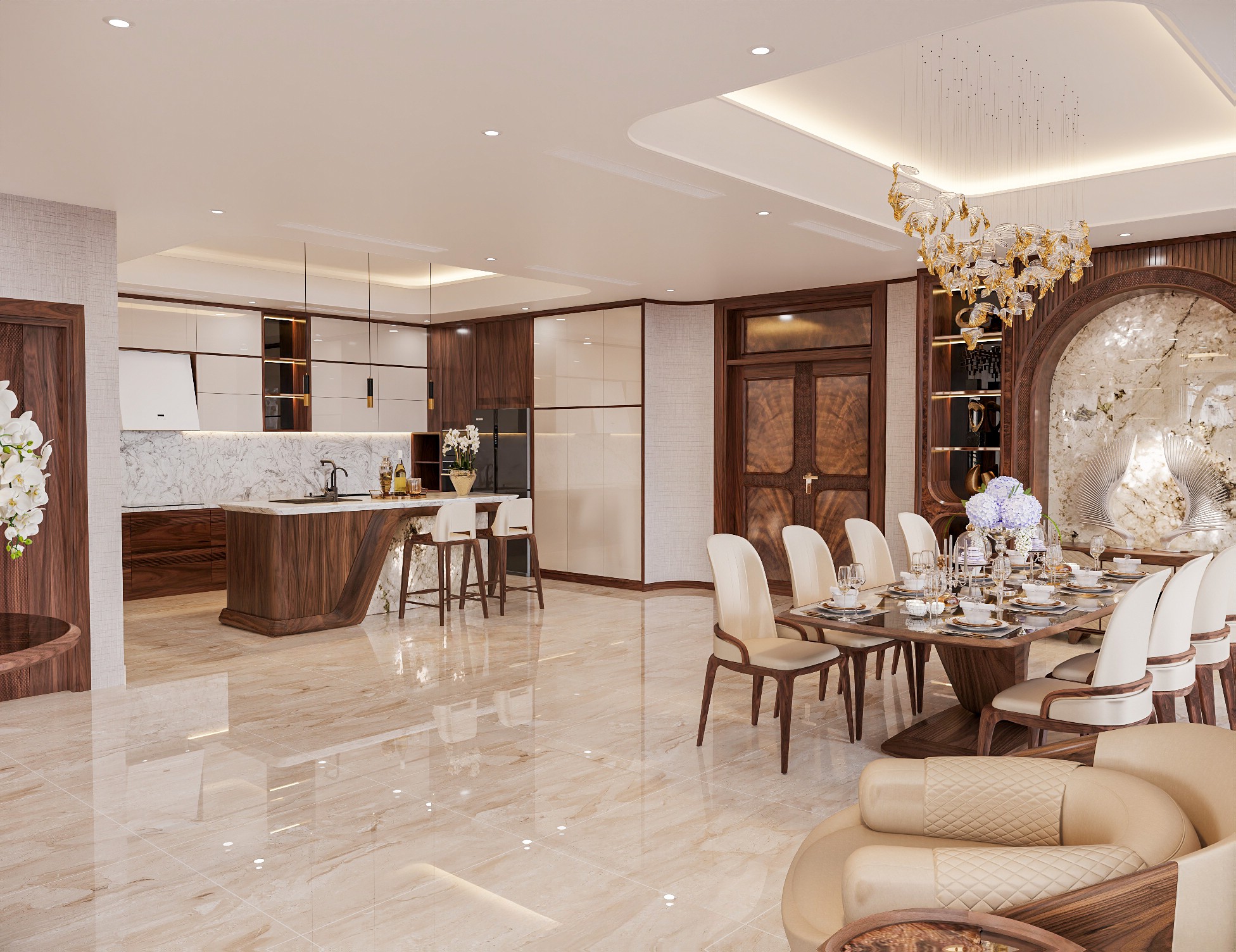 Thiết kế phòng bếp hiện đại với tủ bếp chữ L và bàn bar tích hợp bồn rửa