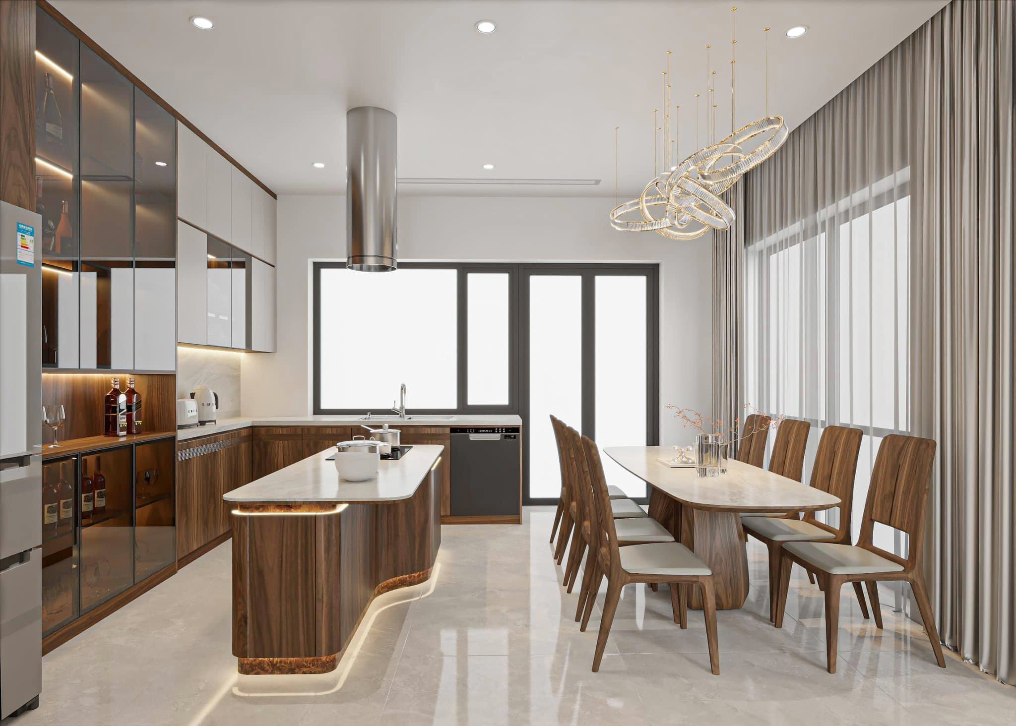 Thiết kế phòng bếp hiện đại với tủ chữ L kết hợp kính, bàn đảo và bàn ăn đá marble trắng