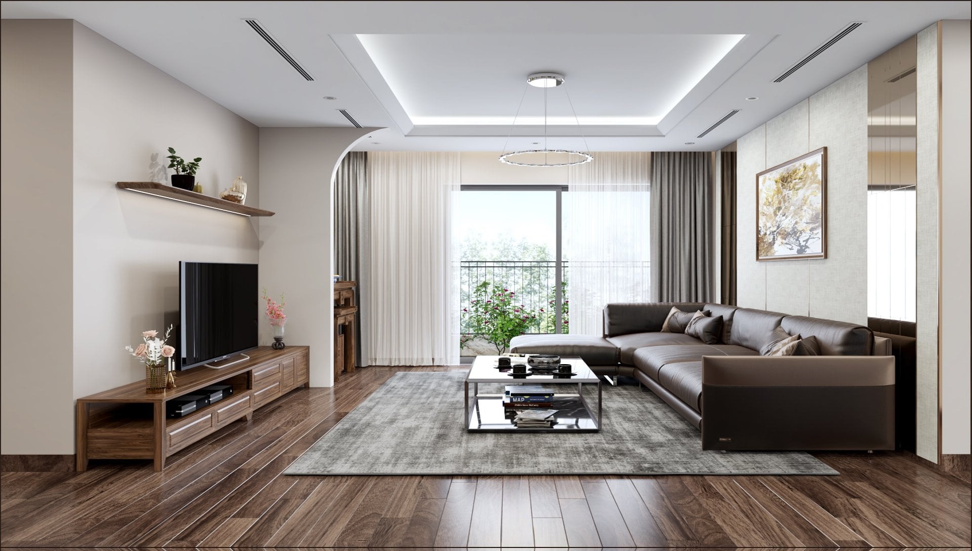 Phòng khách chung cư hiện đại với sofa da chữ L, kệ tivi gỗ óc chó và sàn nâu gụ