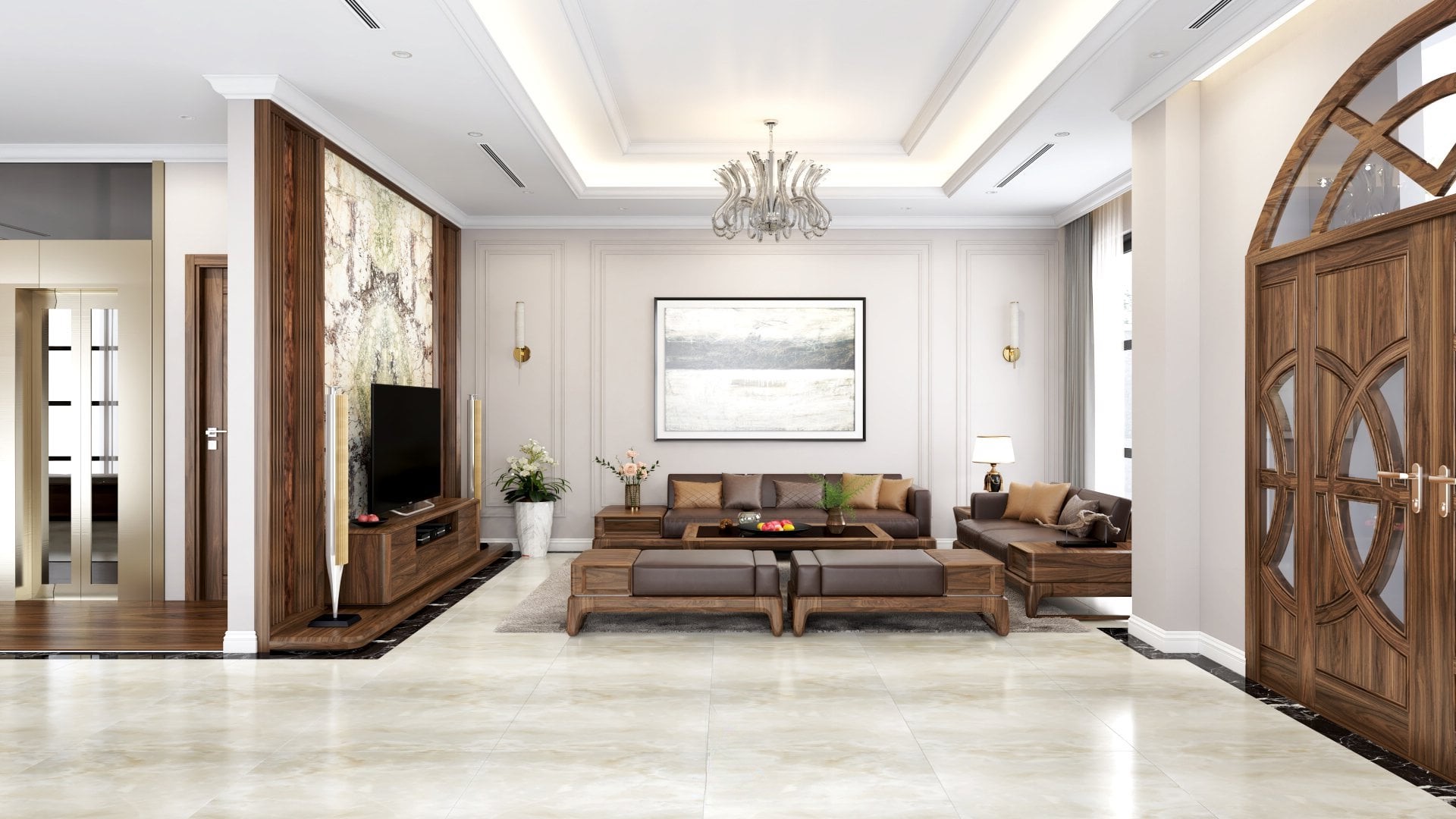 Thiết kế phòng khách đẹp đơn giản hiện đại với sofa gỗ và kệ tivi