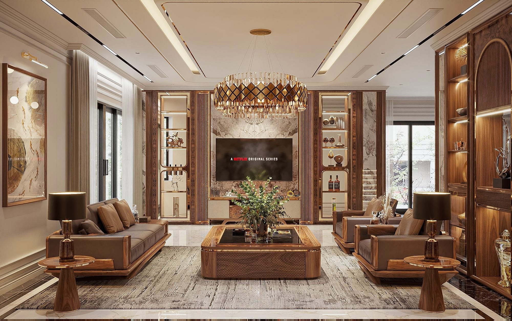 Thiết kế phòng khách đơn giản mà đẹp tông nâu ấm