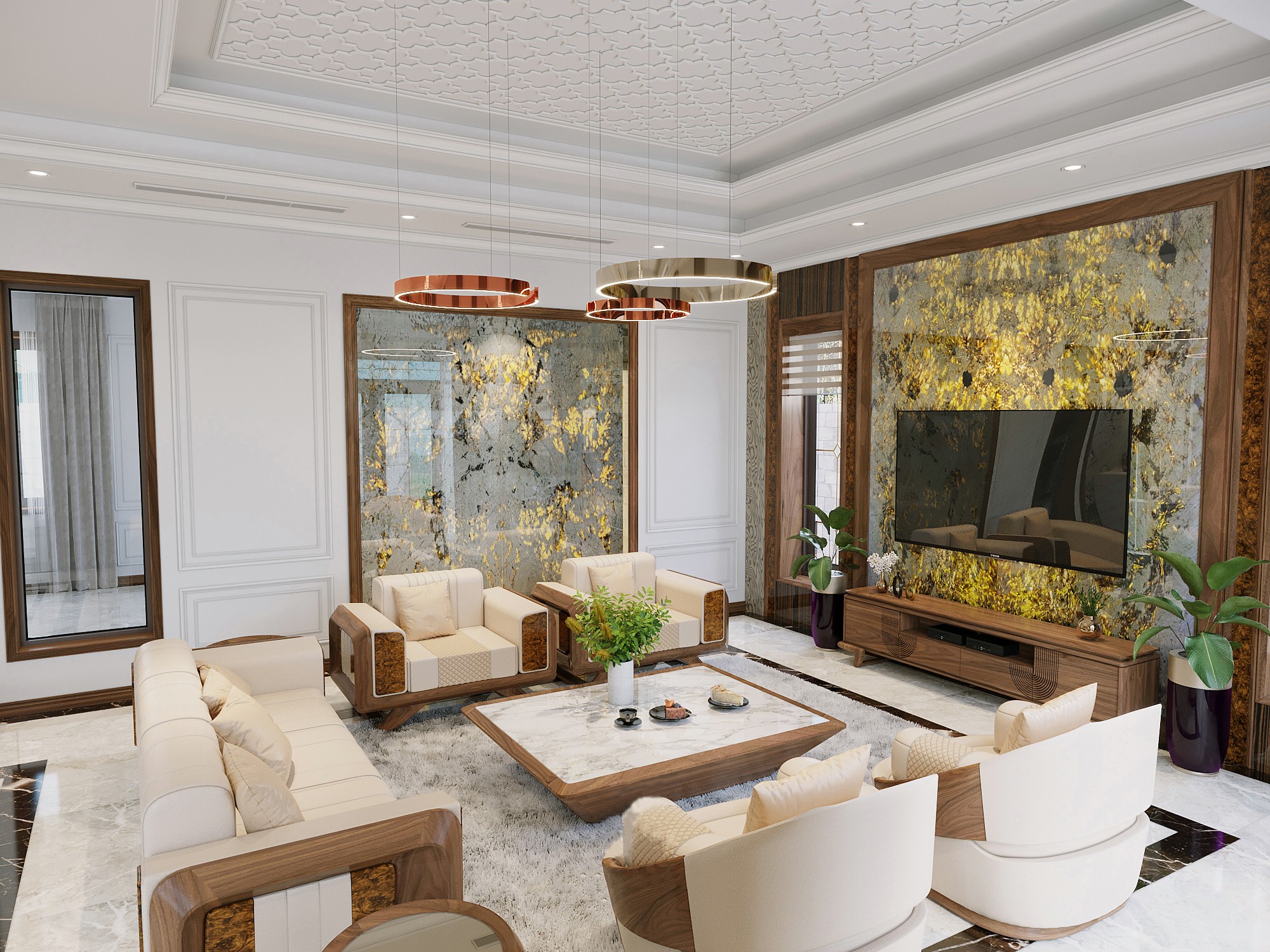 Thiết kế phòng khách hiện đại tone trắng – nâu với tường đá Onyx và nội thất gỗ óc chó