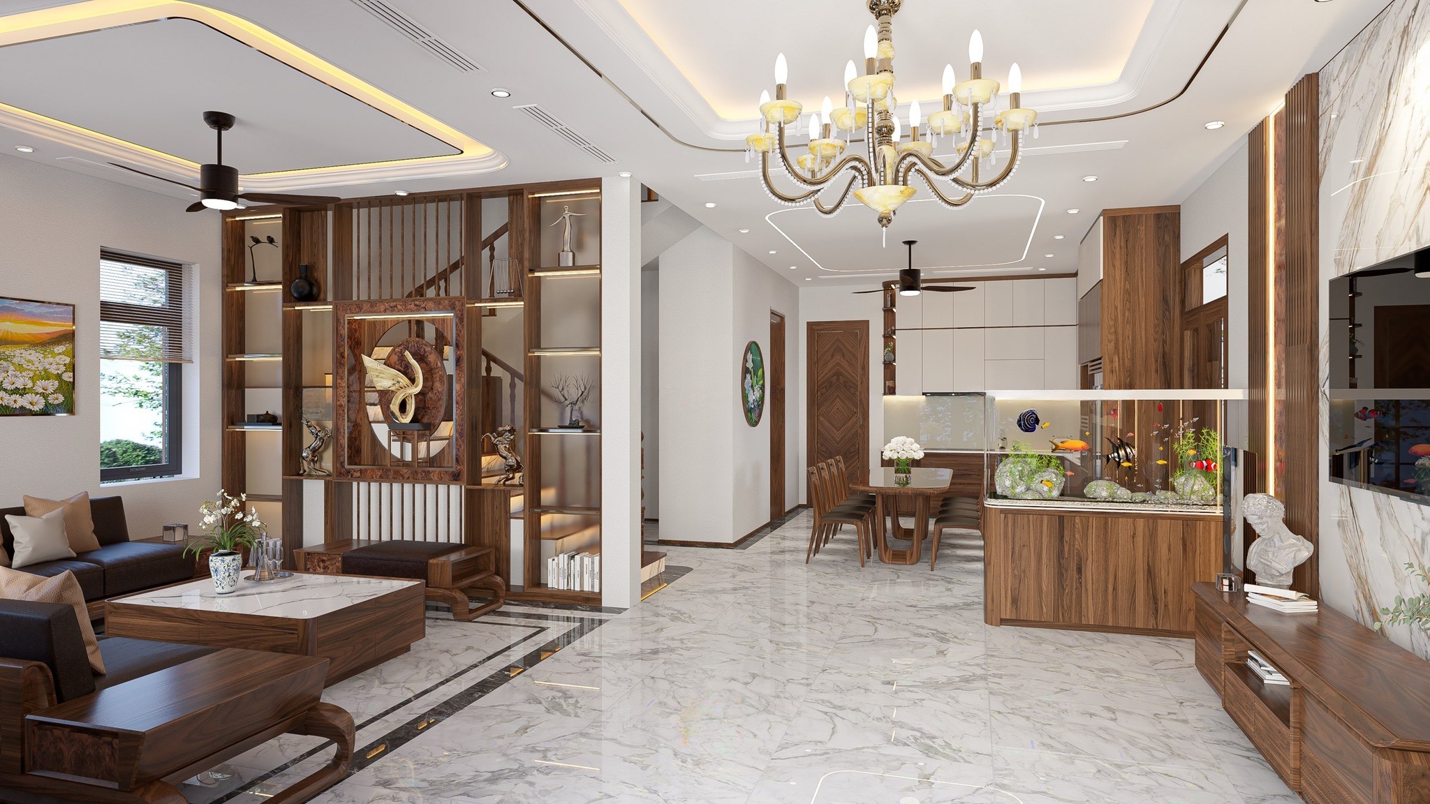 Thiết kế phòng khách liền bếp nhà ống