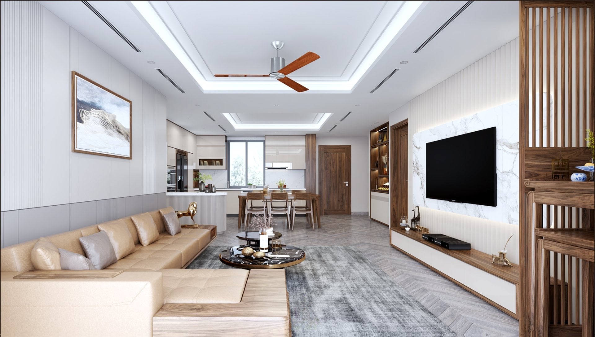 Thiết kế phòng khách nhà ống hiện đại với sofa gỗ chữ L và kệ tivi acrylic