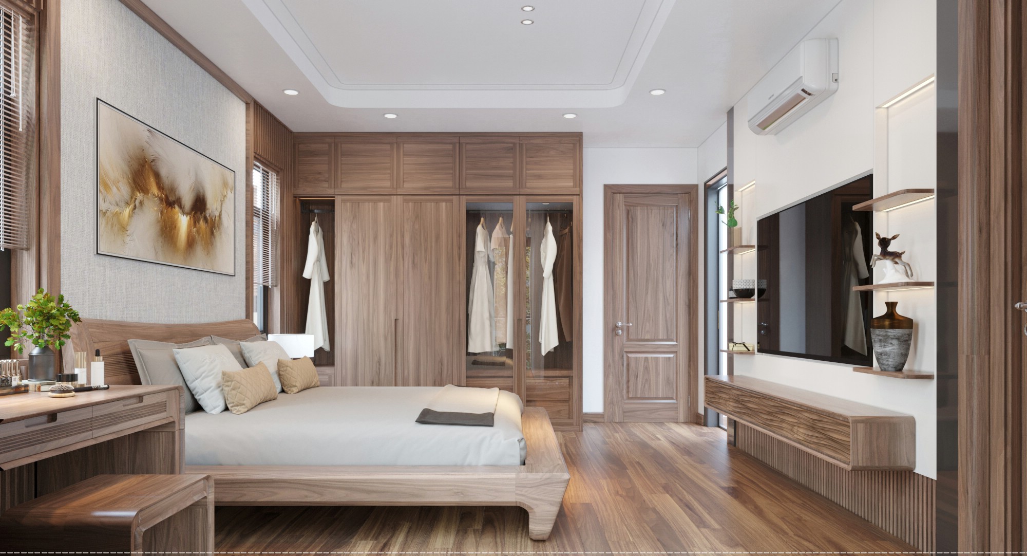 Thiết kế phòng ngủ 20m2 có toilet hiện đại với giường gỗ sồi và tủ quần áo cánh kính