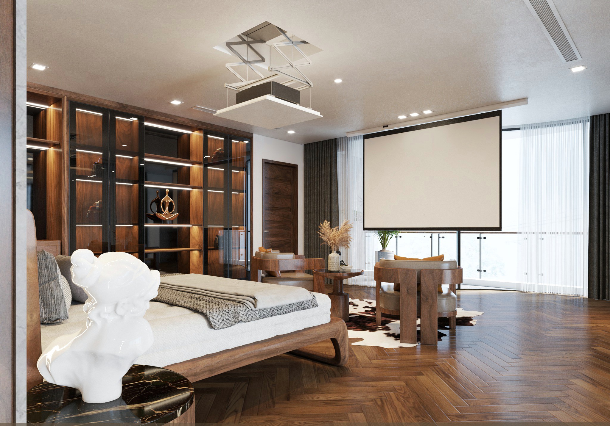 Thiết kế phòng ngủ chung cư gỗ sồi Bắc Mỹ hiện đại