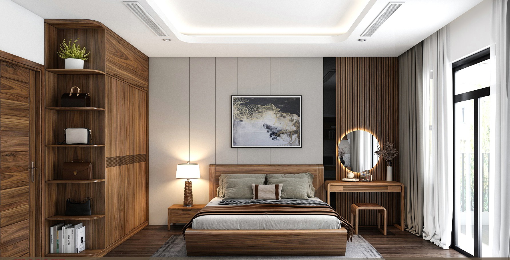 Thiết kế phòng ngủ đẹp cho nữ với giường gỗ óc chó, bàn trang điểm và tủ quần áo cửa lùa