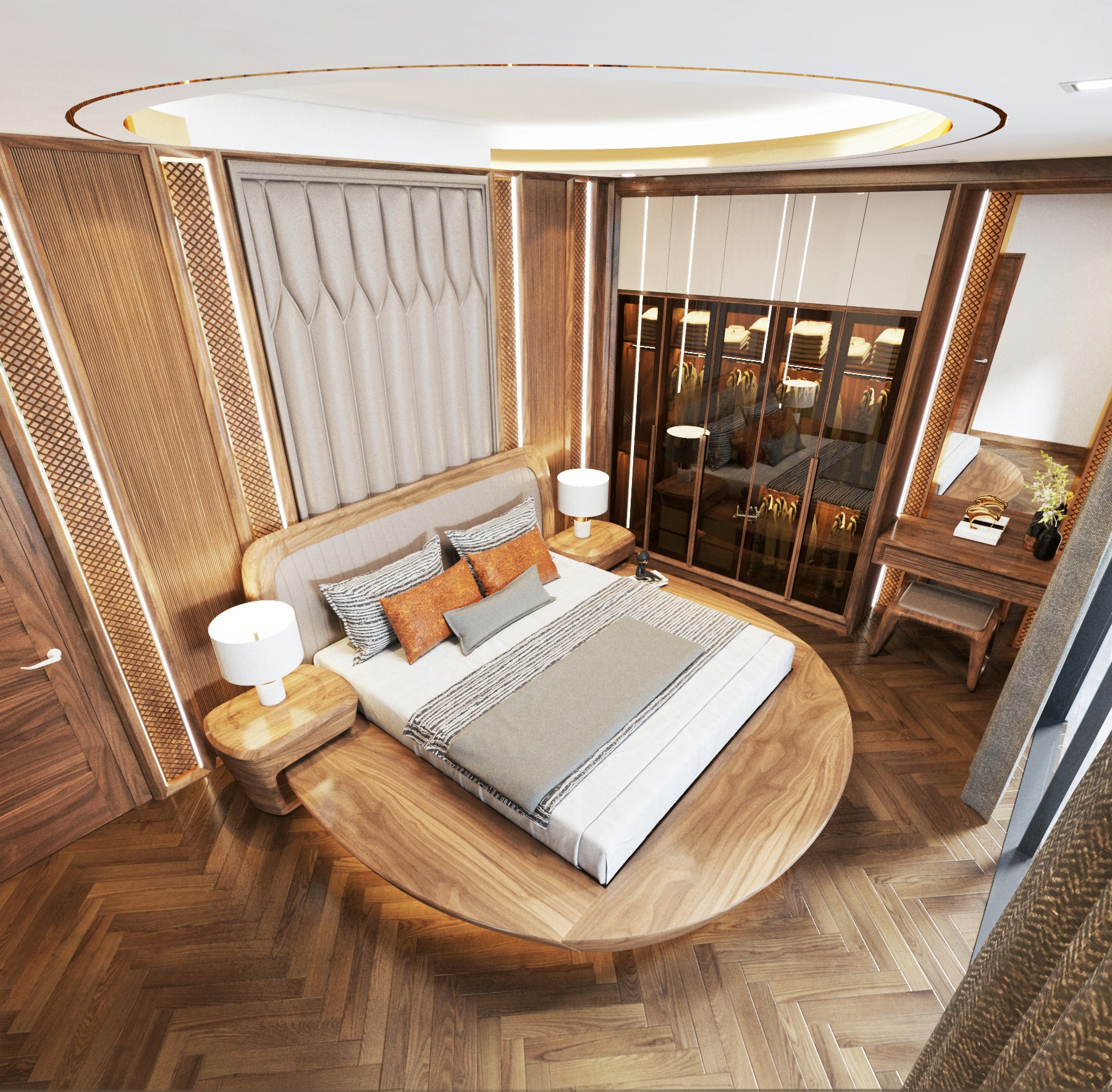 Thiết kế phòng ngủ đẹp sang trọng với giường tròn gỗ óc chó và tủ quần áo kính