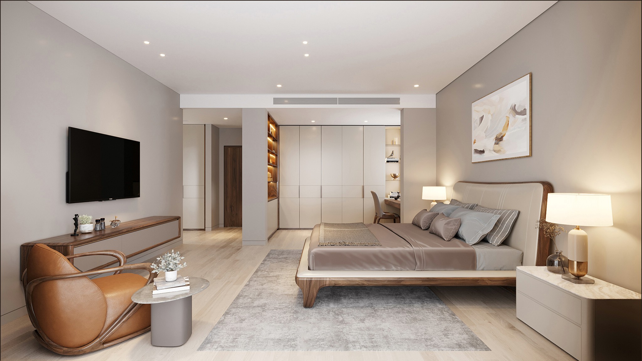 Thiết kế phòng ngủ đơn giản với tủ quần áo âm tường và kệ tivi treo gọn gàng