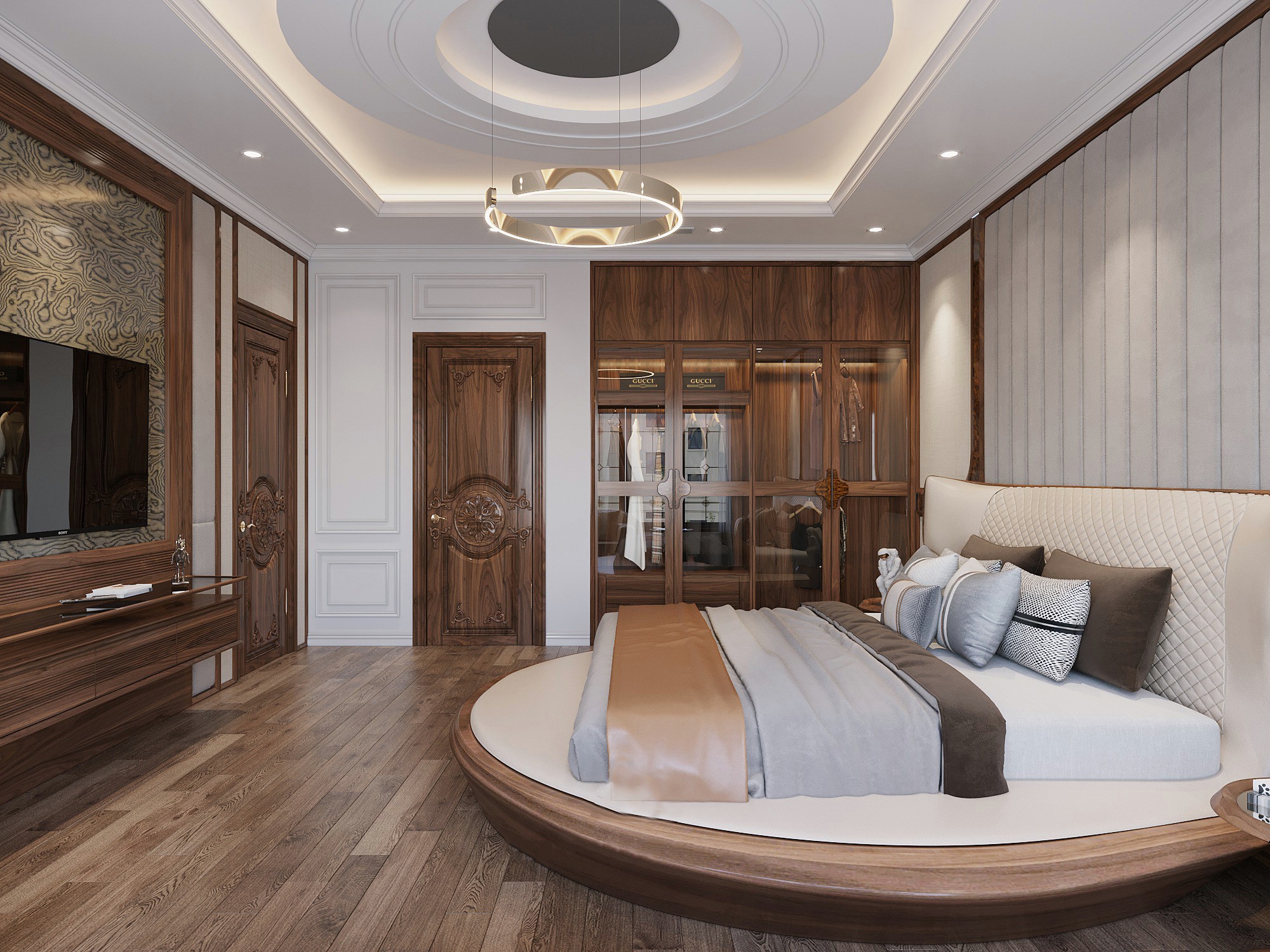 Thiết kế phòng ngủ master hiện đại 20m2 với giường tròn bọc da và tủ quần áo gỗ óc chó