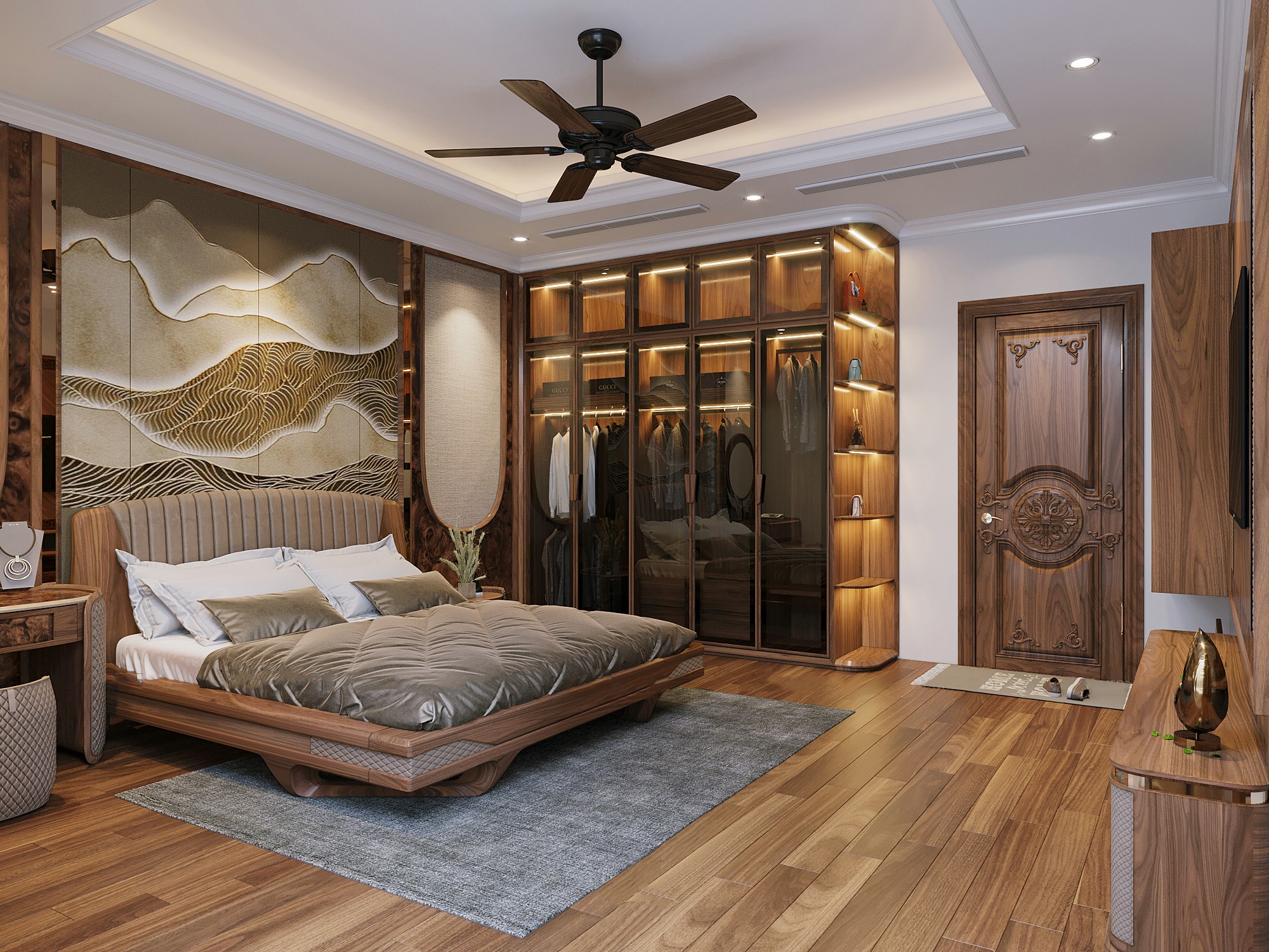 Phòng ngủ master 25m² với giường chân chữ U, tủ kính 5 cánh và vách vòm veneer nu
