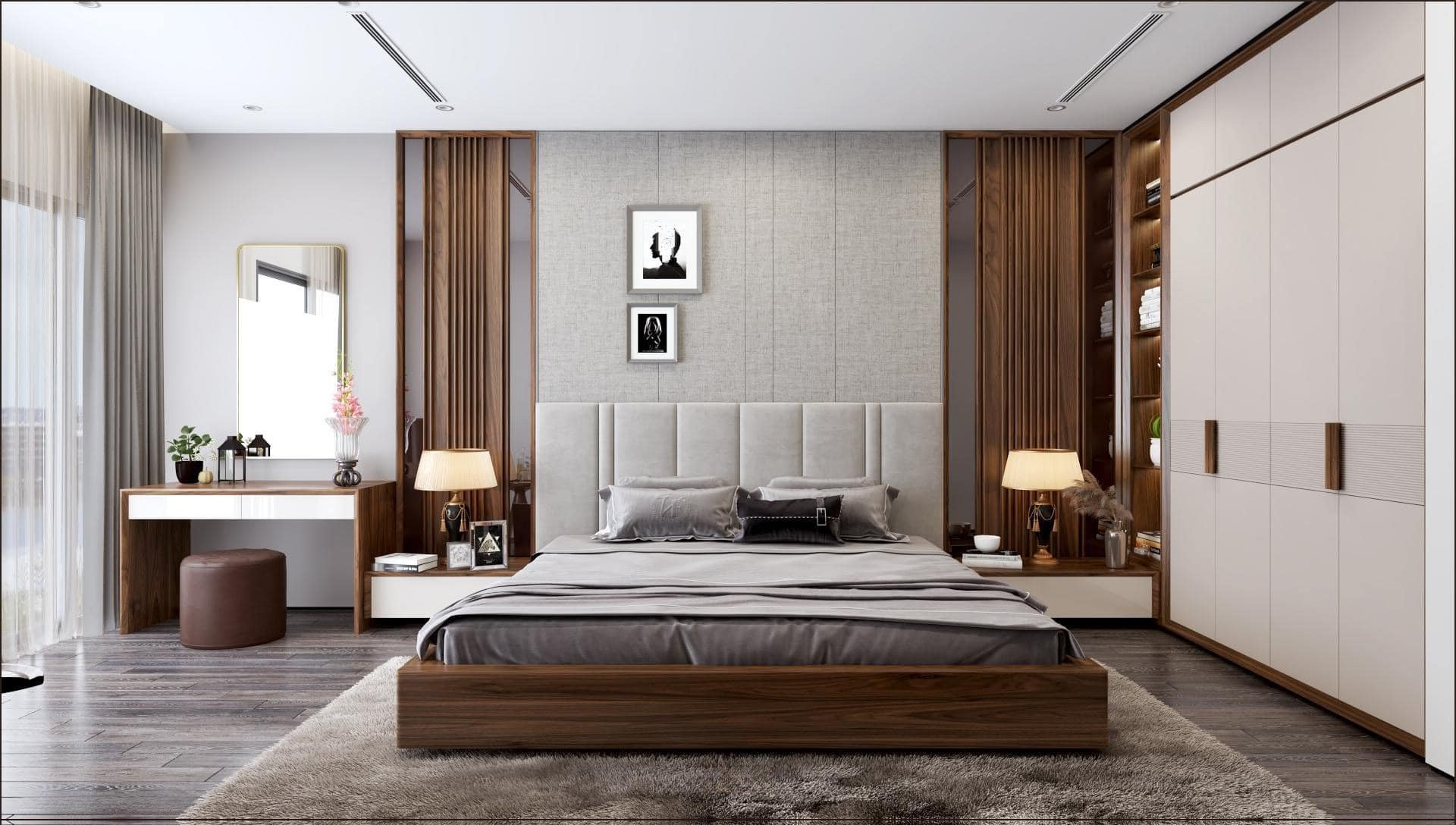 Thiết kế phòng ngủ nhỏ đẹp cho nữ với giường gỗ laminate và tủ quần áo âm tường